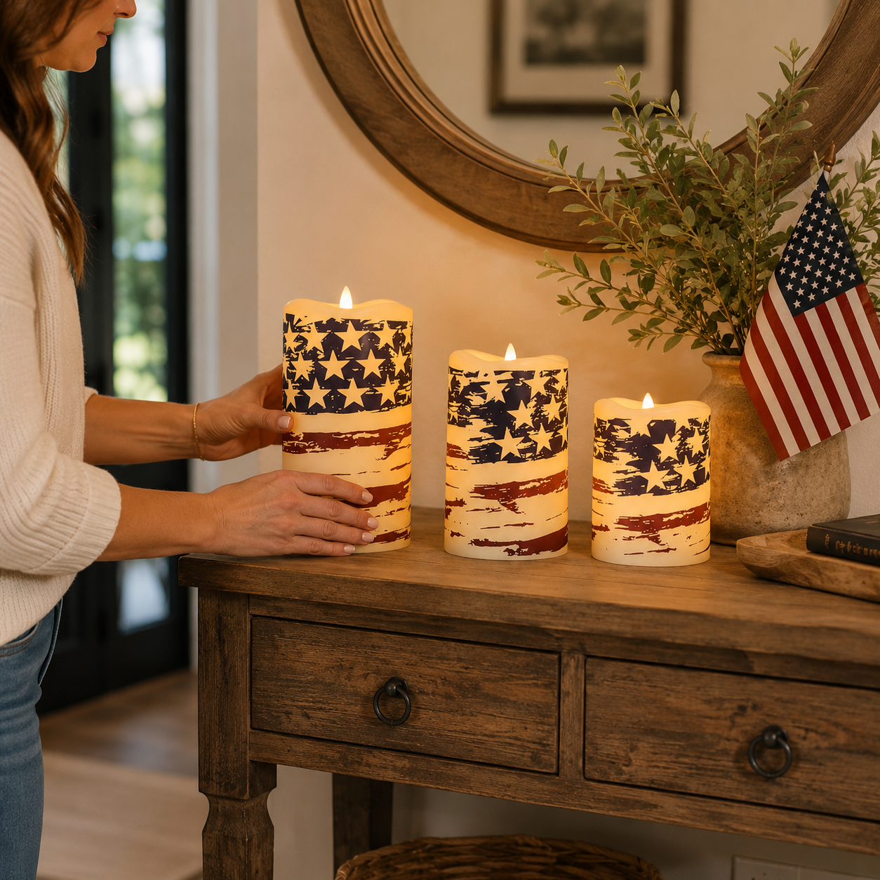 Set of 3 Patriotic LED Pillar Candles with Realistic Flame & Timer