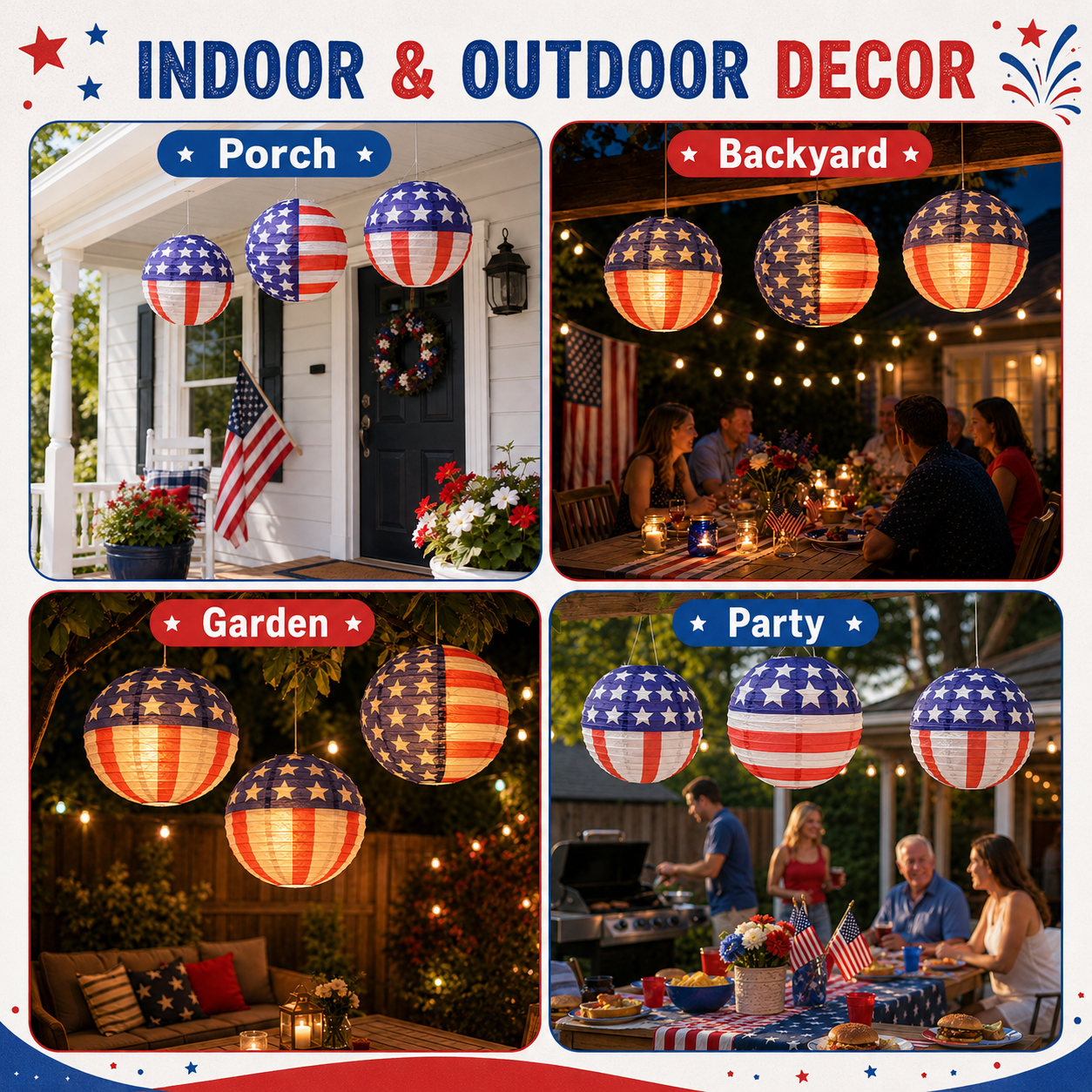 American Flag Solar Paper Lanterns with LED Bulbs