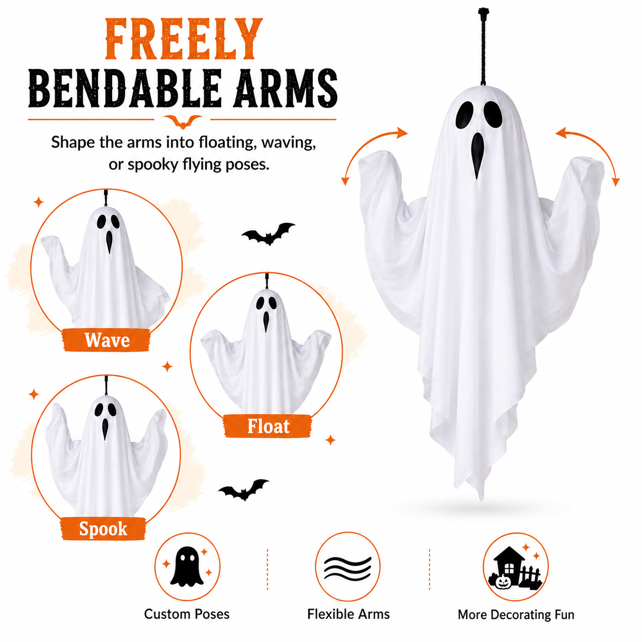 Set of 3 Lighted Hanging Ghost Decorations for Halloween