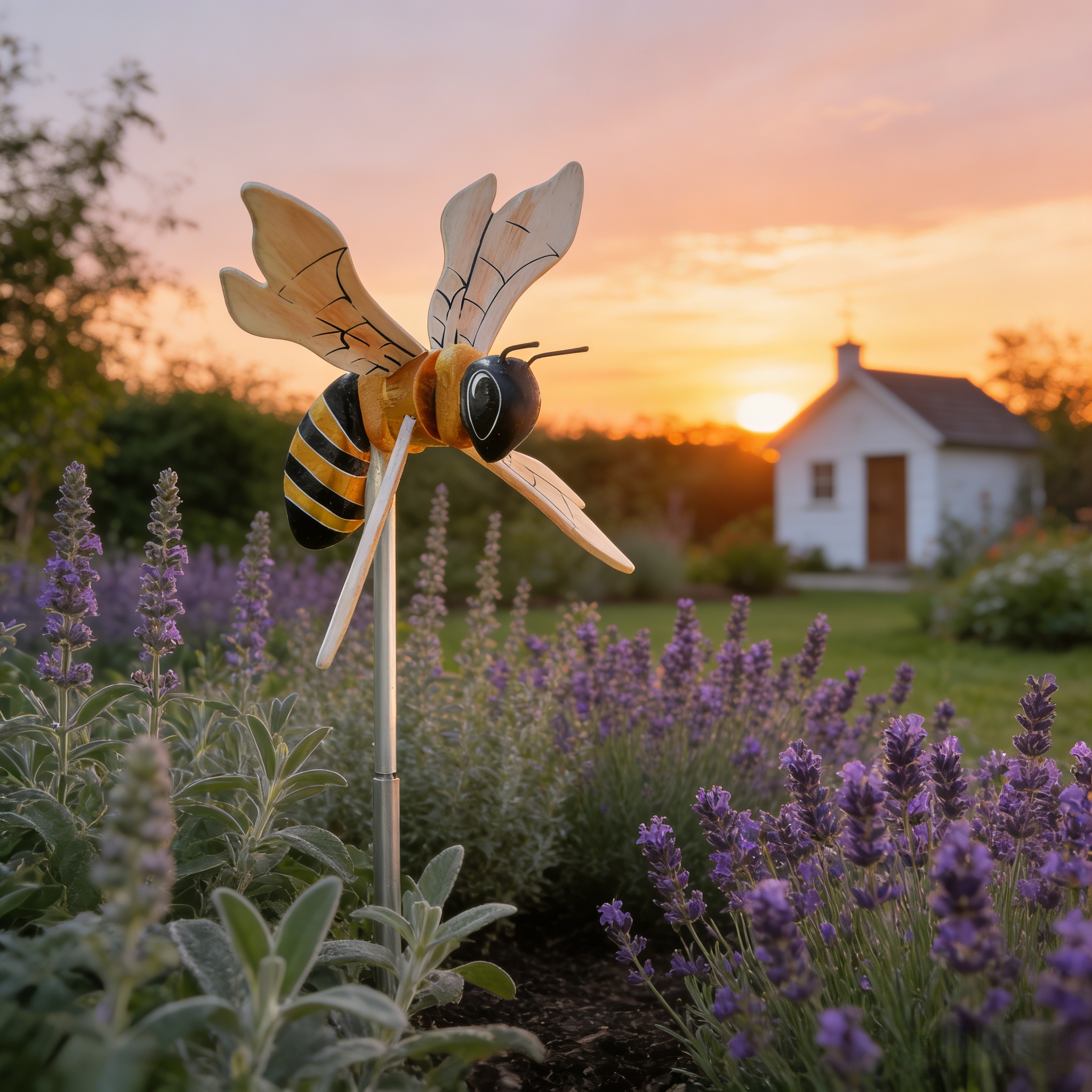 Wooden Bee Wind Spinner Garden Stake – Hand-Painted Outdoor Yard Decor