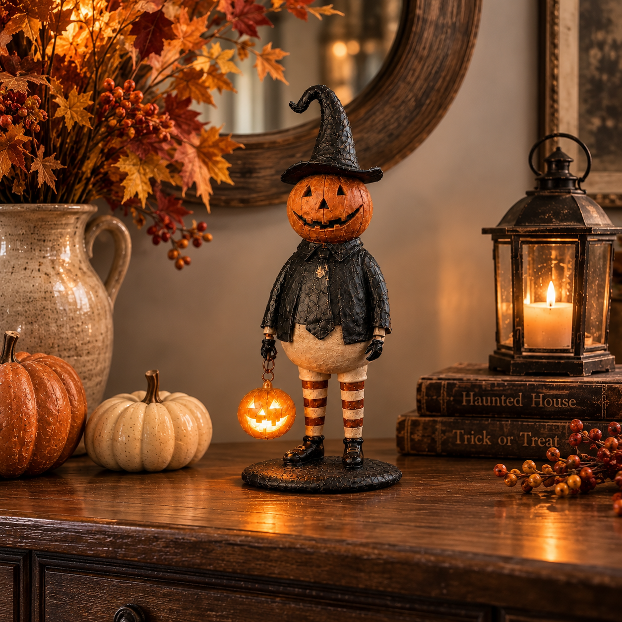 Vintage Lighted Pumpkin Witch Figurine