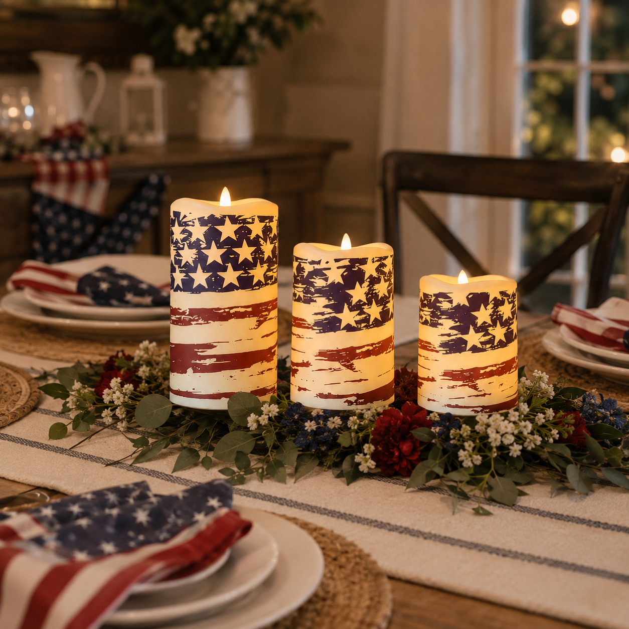 Set of 3 Patriotic LED Pillar Candles with Realistic Flame & Timer