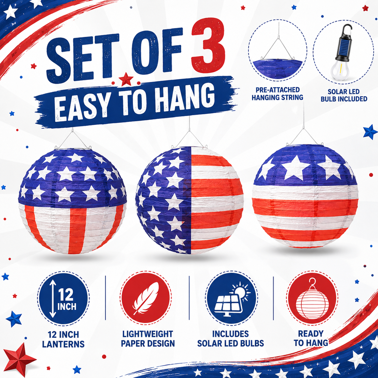 American Flag Solar Paper Lanterns with LED Bulbs