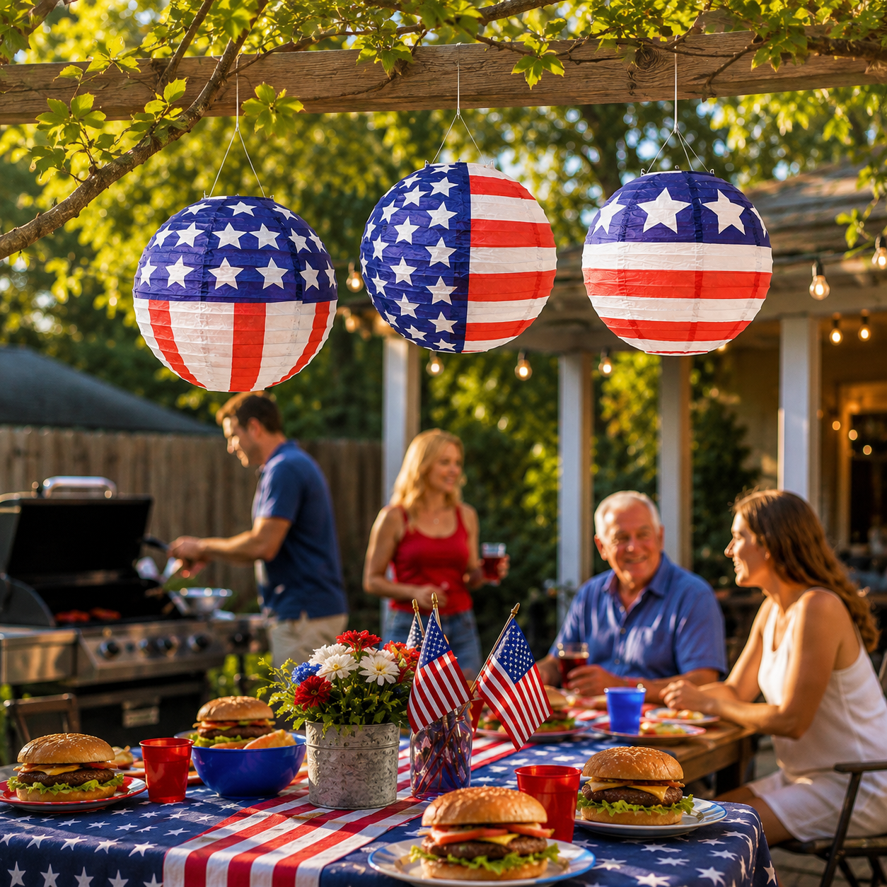 American Flag Solar Paper Lanterns with LED Bulbs