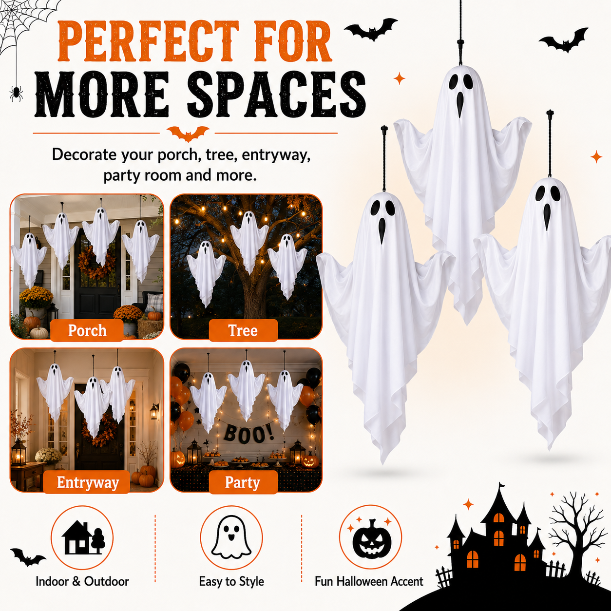 Set of 3 Lighted Hanging Ghost Decorations for Halloween