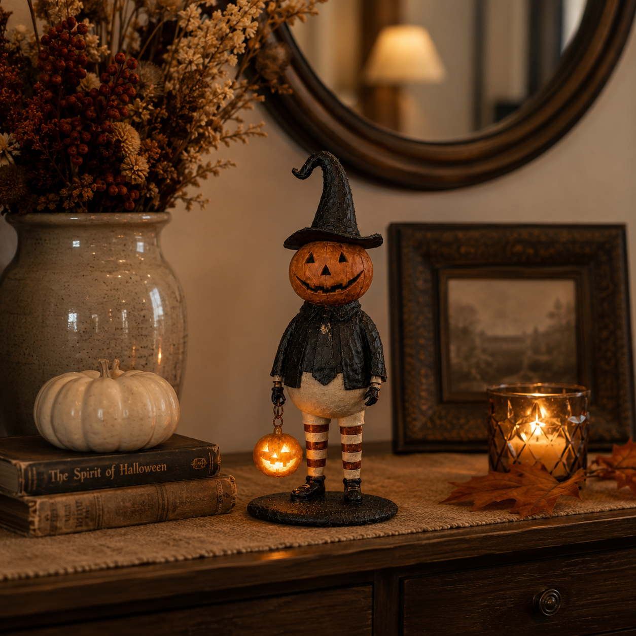 Vintage Lighted Pumpkin Witch Figurine