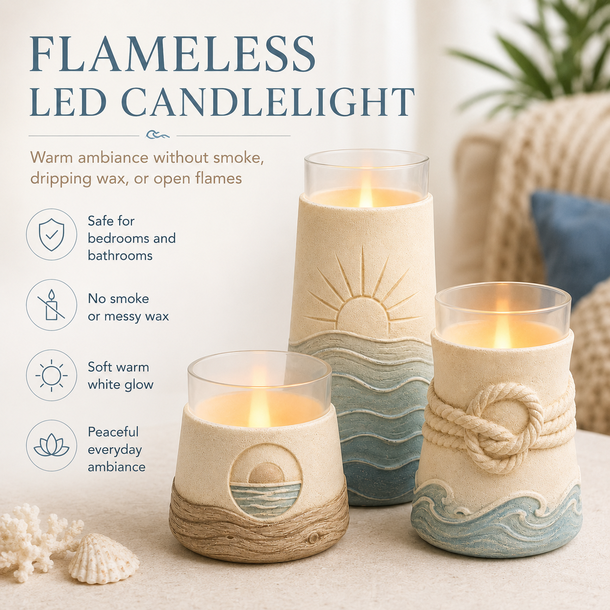 Set of 3 Coastal Flameless Candle Holders