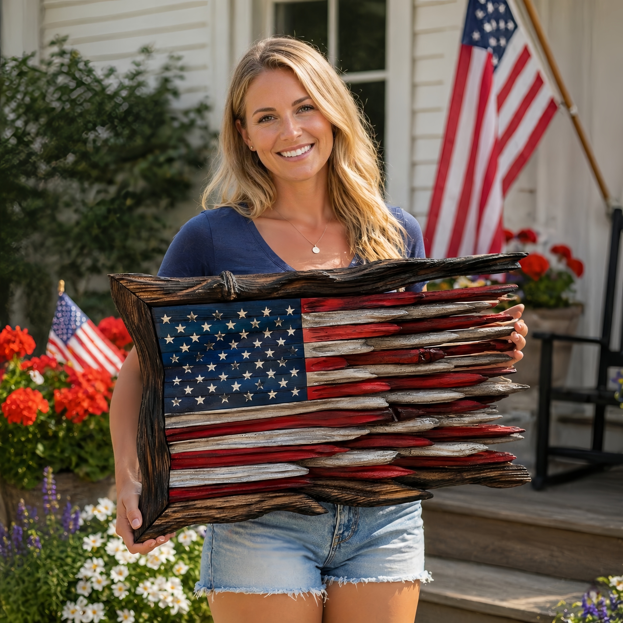 Handcrafted 3D Wooden American Flag Wall Decor