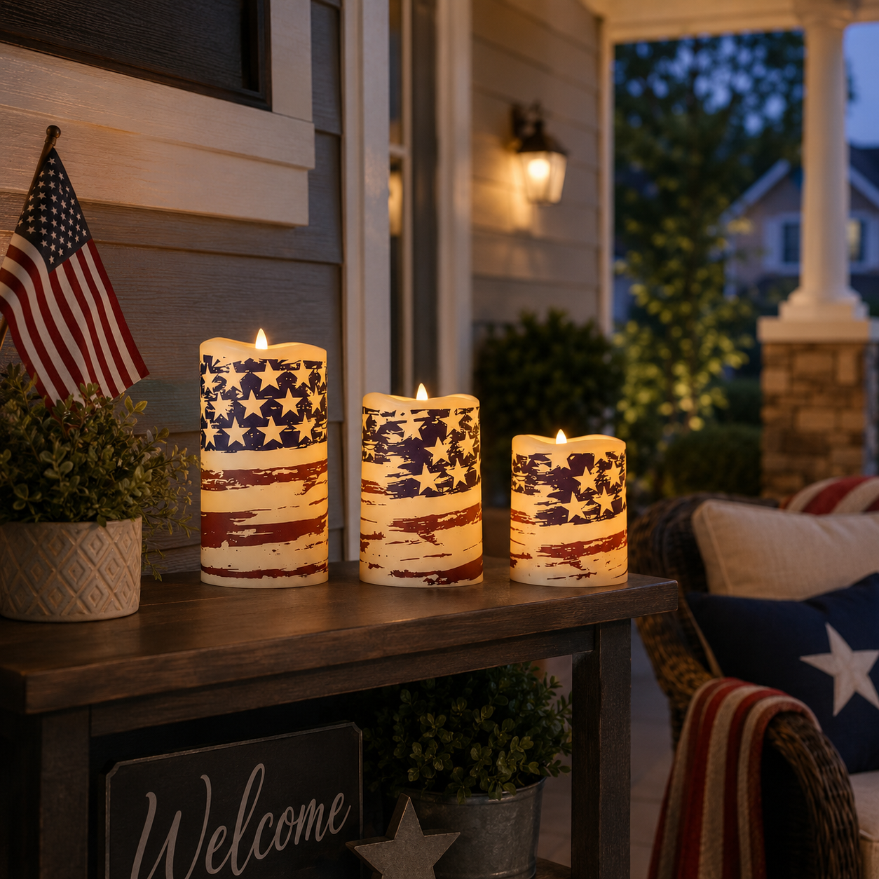 Set of 3 Patriotic LED Pillar Candles with Realistic Flame & Timer