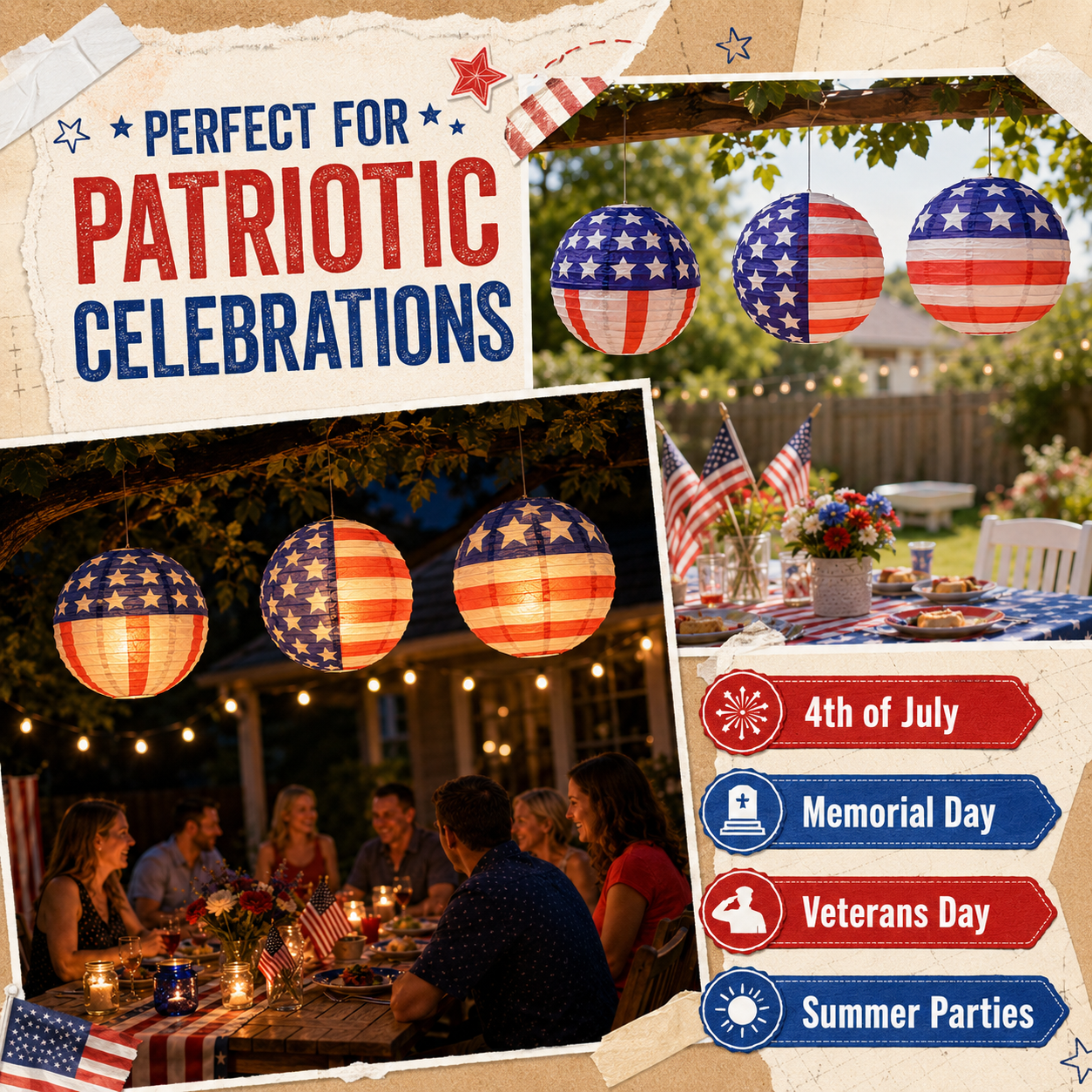 American Flag Solar Paper Lanterns with LED Bulbs