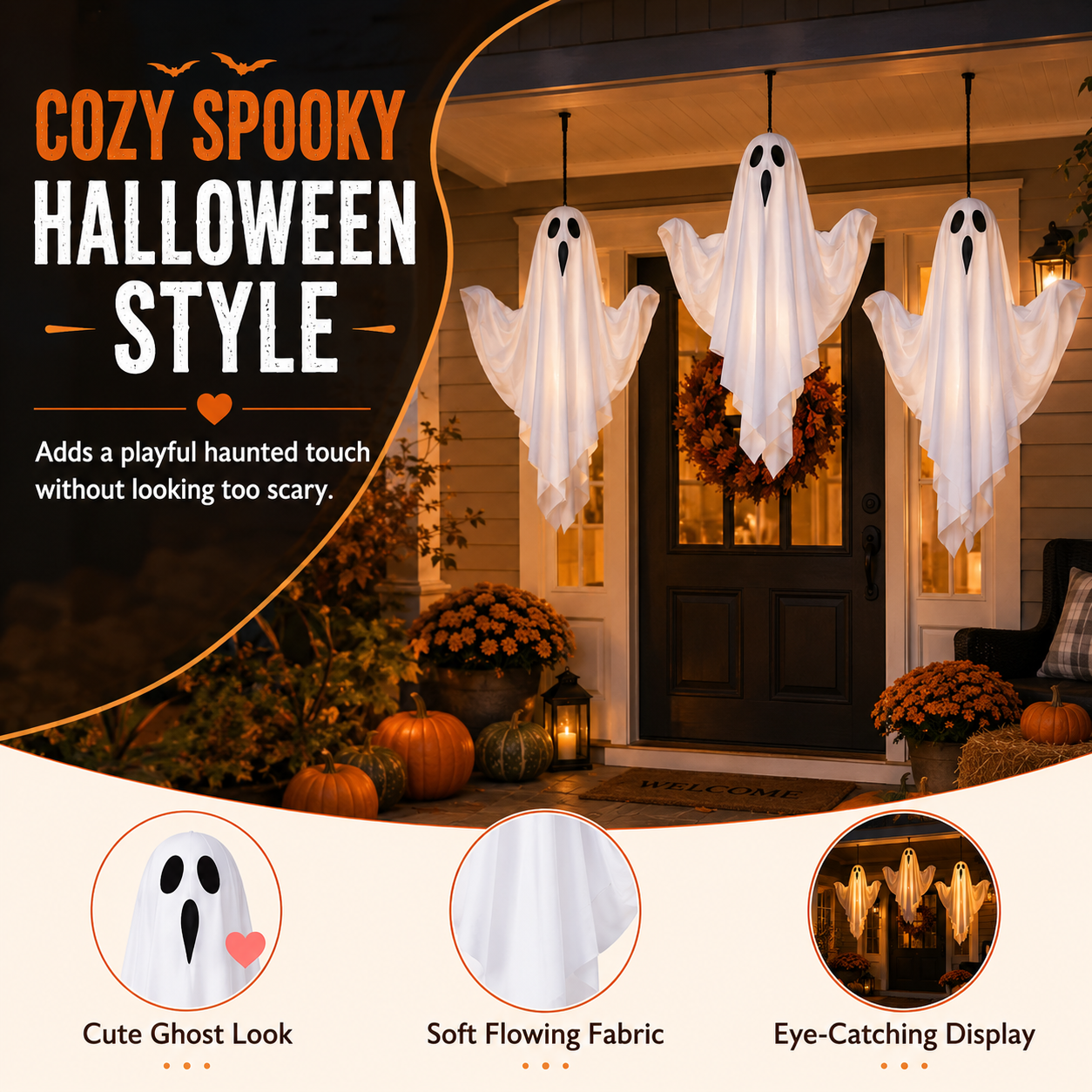 Set of 3 Lighted Hanging Ghost Decorations for Halloween