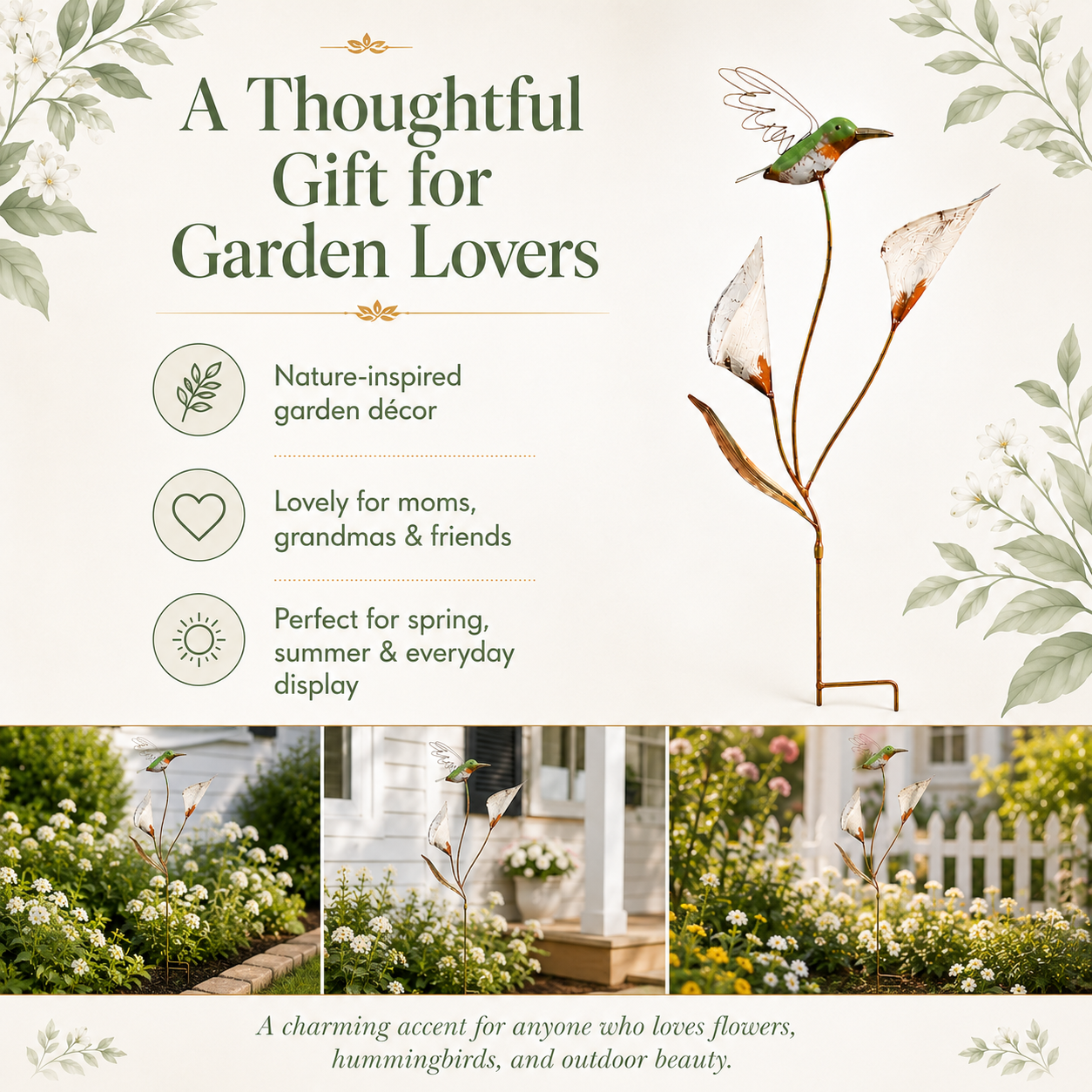 Metal Hummingbird Rustic Garden Stake with Calla Lily Flowers