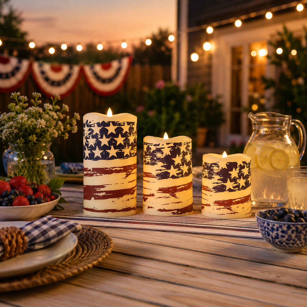 Set of 3 Patriotic LED Pillar Candles with Realistic Flame & Timer