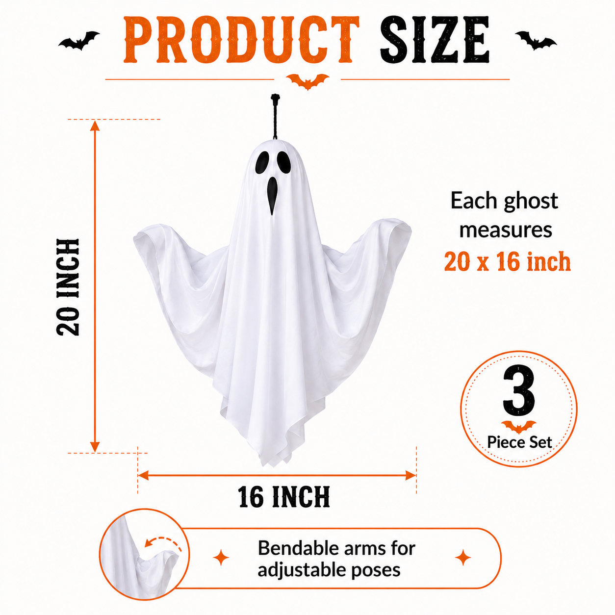 Set of 3 Lighted Hanging Ghost Decorations for Halloween