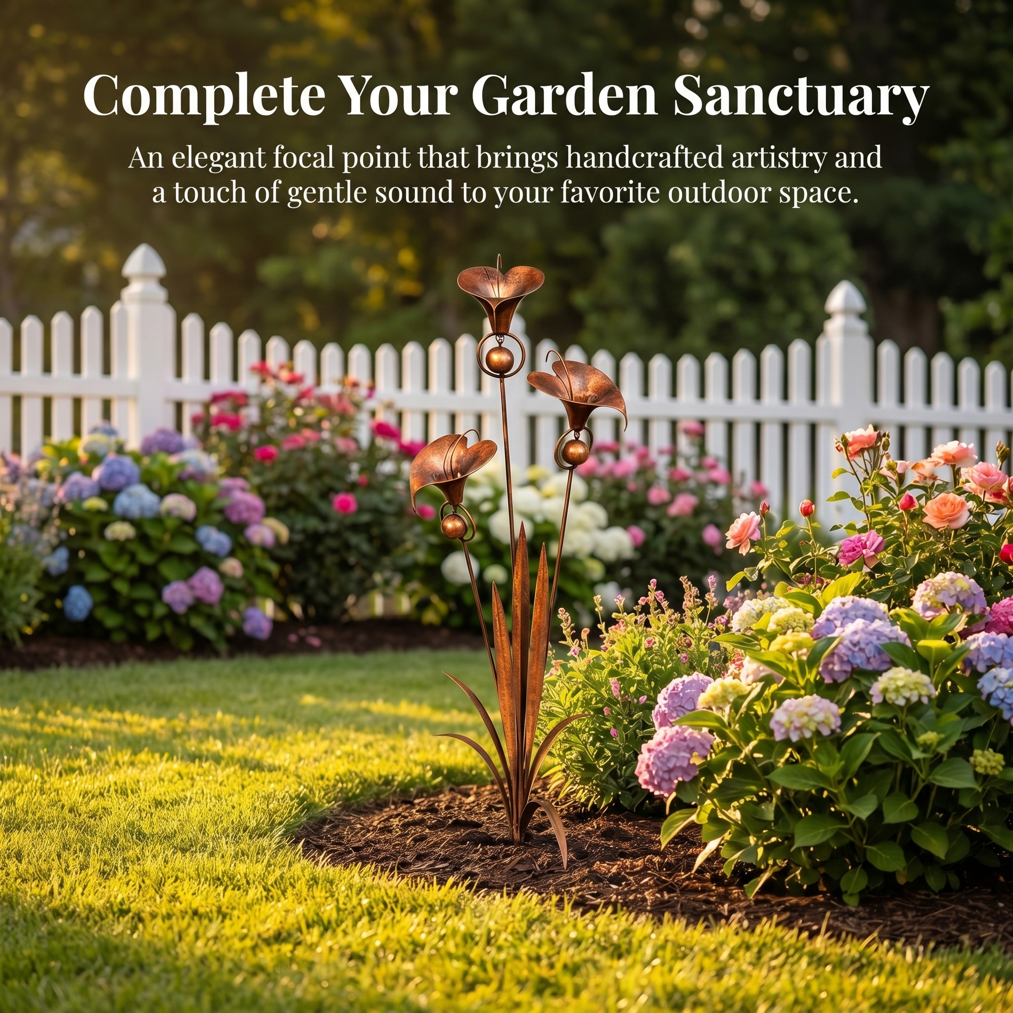 Flamed Copper Three Calla Lilies Garden Stake with Bells