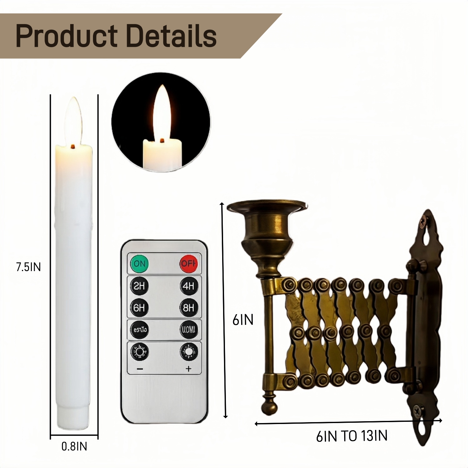 180° Rotatable Extending Vintage Wall-Mounted Candle Holder With  LED Flameless Candles & Remote