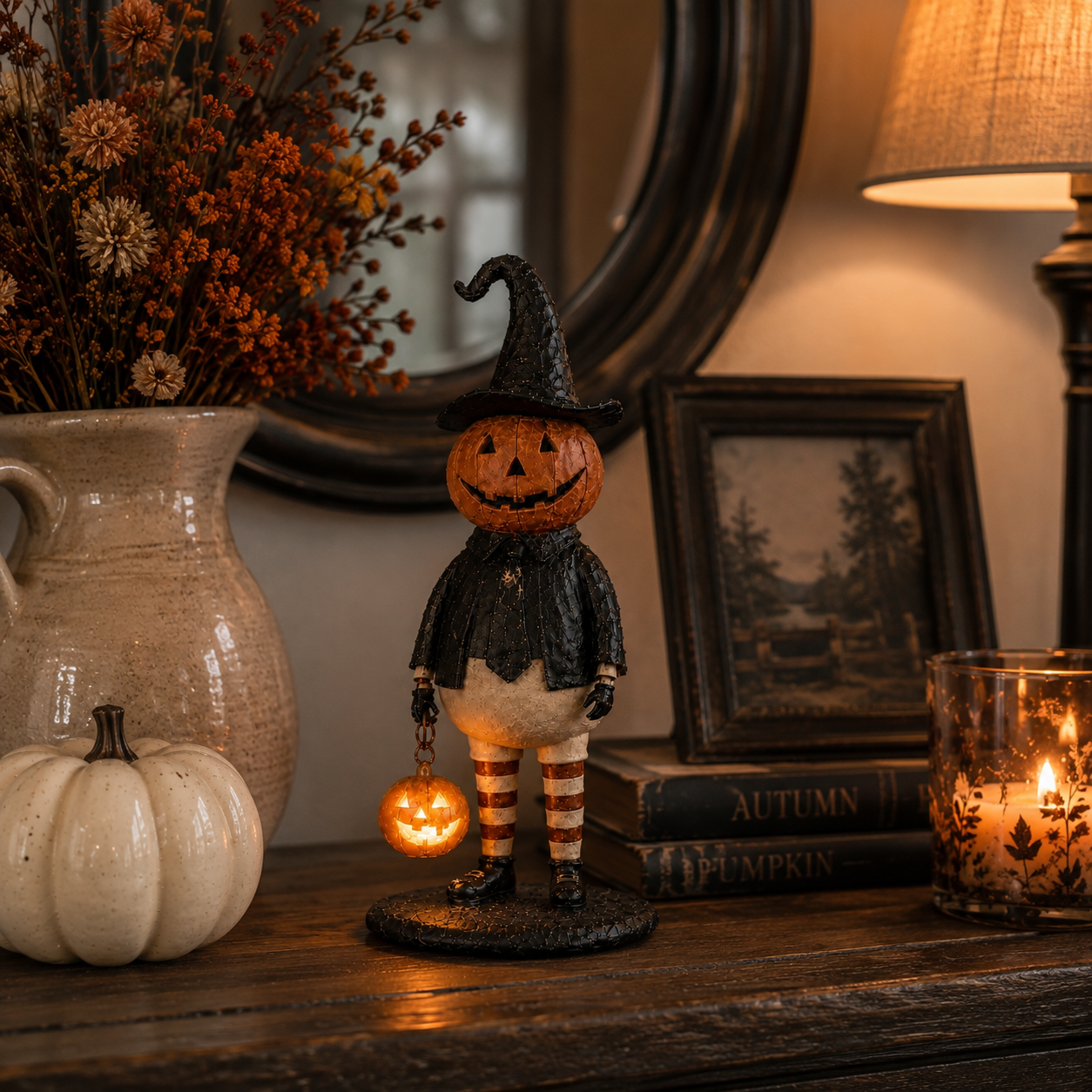 Vintage Lighted Pumpkin Witch Figurine