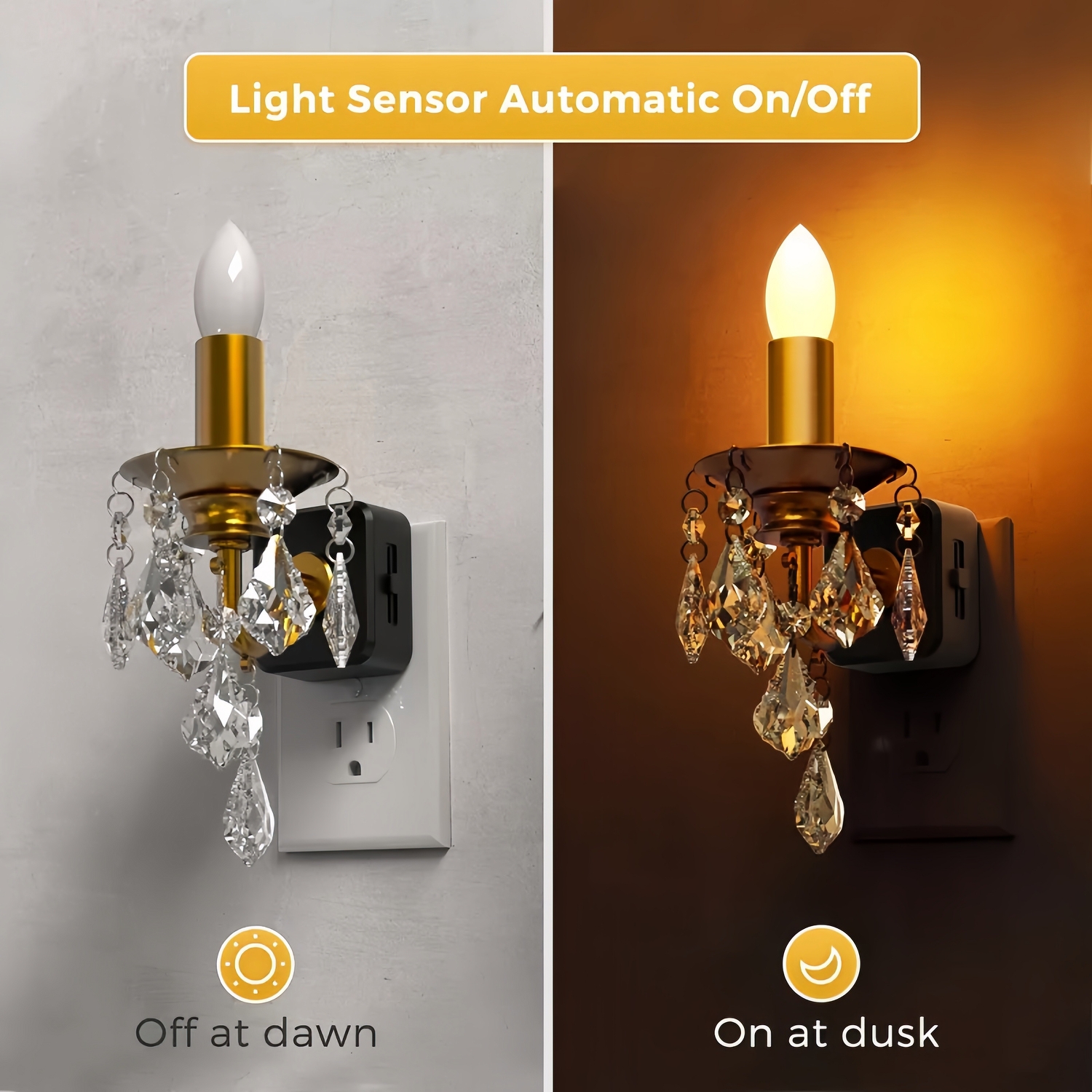 LED Amber Candle Pendant Night Light Plug-In with Crystal Drops, Dimmable 1W Nightlight for Hallway & Bedroom