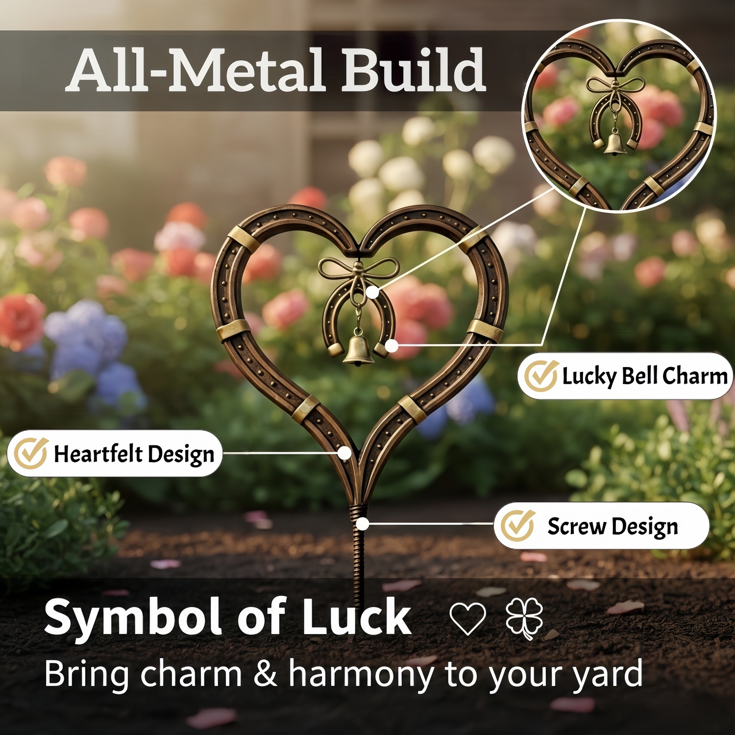 Handcrafted Horseshoe Heart Metal Garden Stake with Lucky Bell