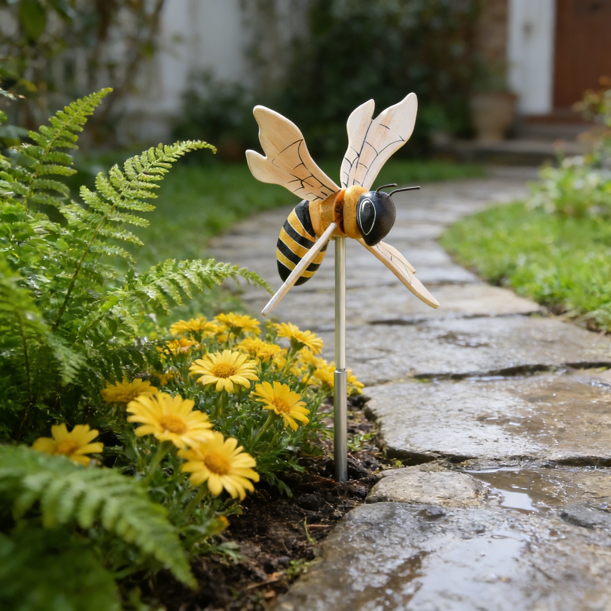 Wooden Bee Wind Spinner Garden Stake – Hand-Painted Outdoor Yard Decor