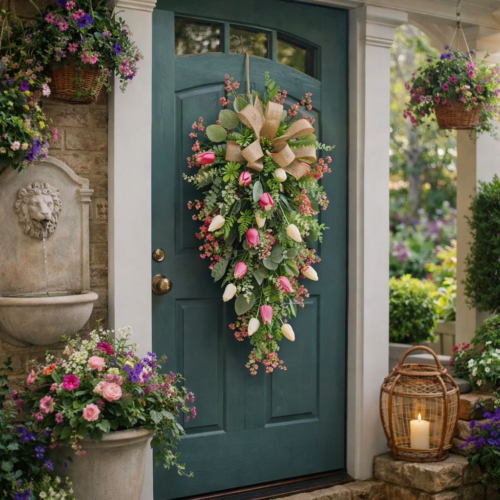 Artificial Tulip Door Swag with Greenery Leaves and Burlap Bow