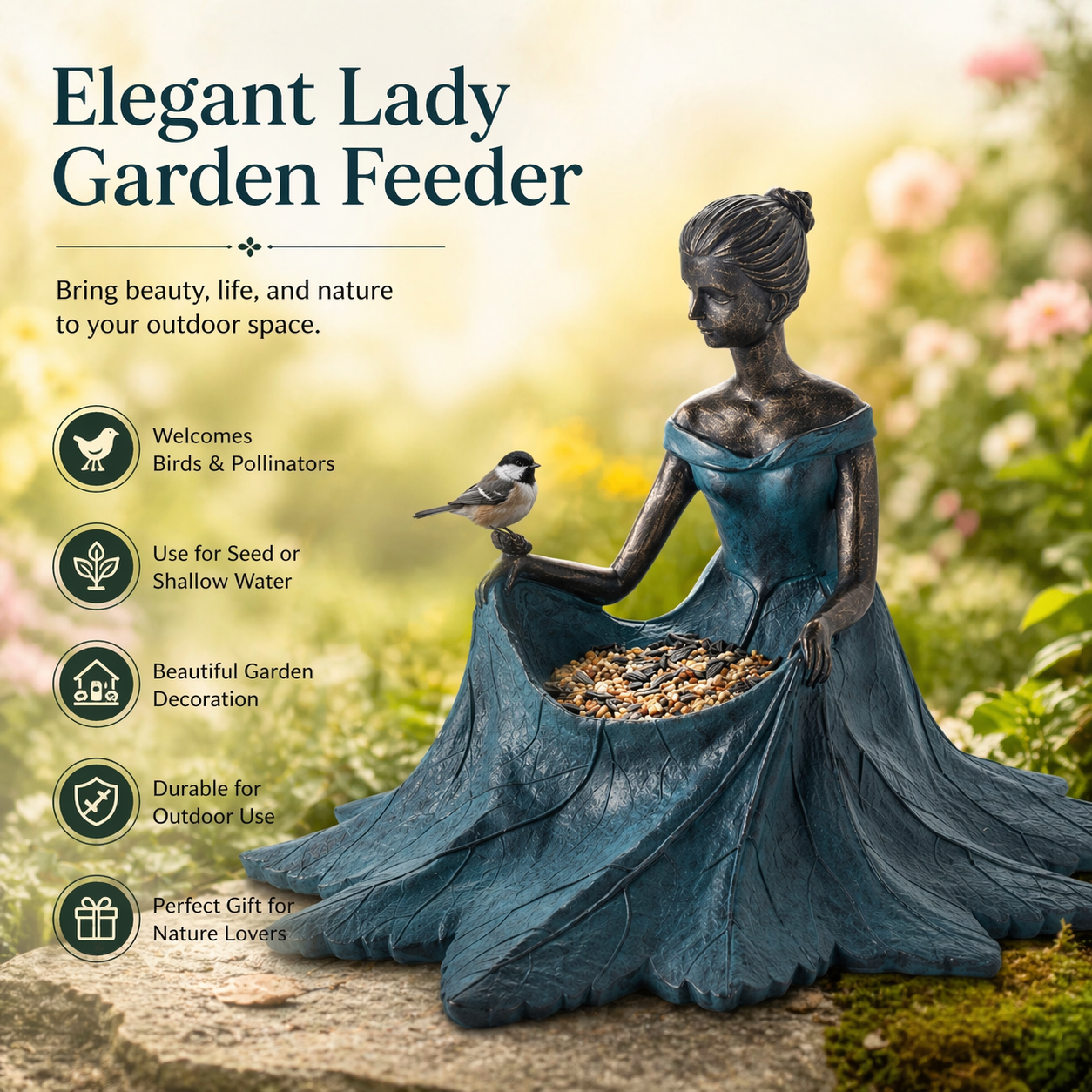 Elegant Lady Garden Bird Feeder Statue with Seed Bowl