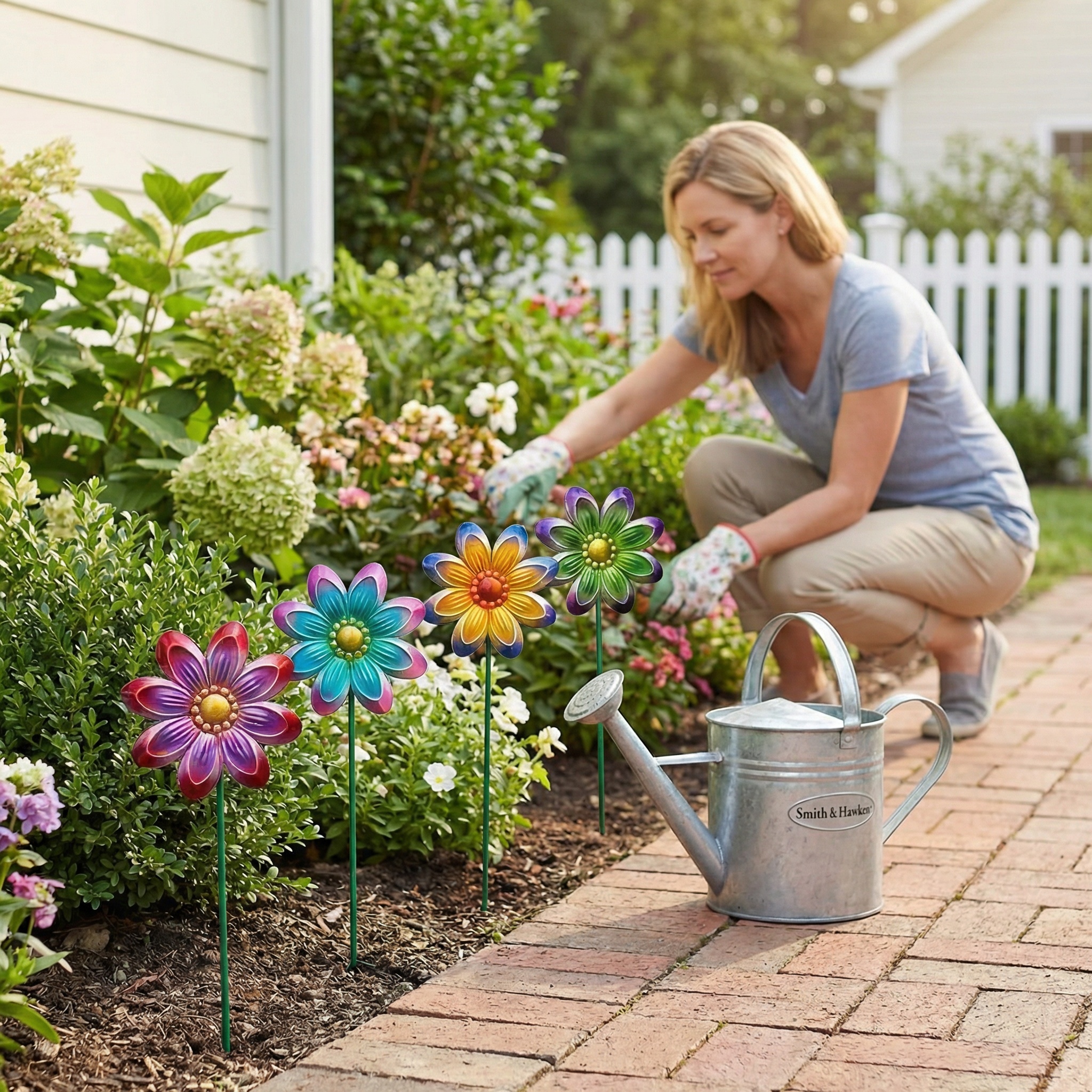 Set of 4 Outdoor Metal Colorful Floral Garden Decor Stakes