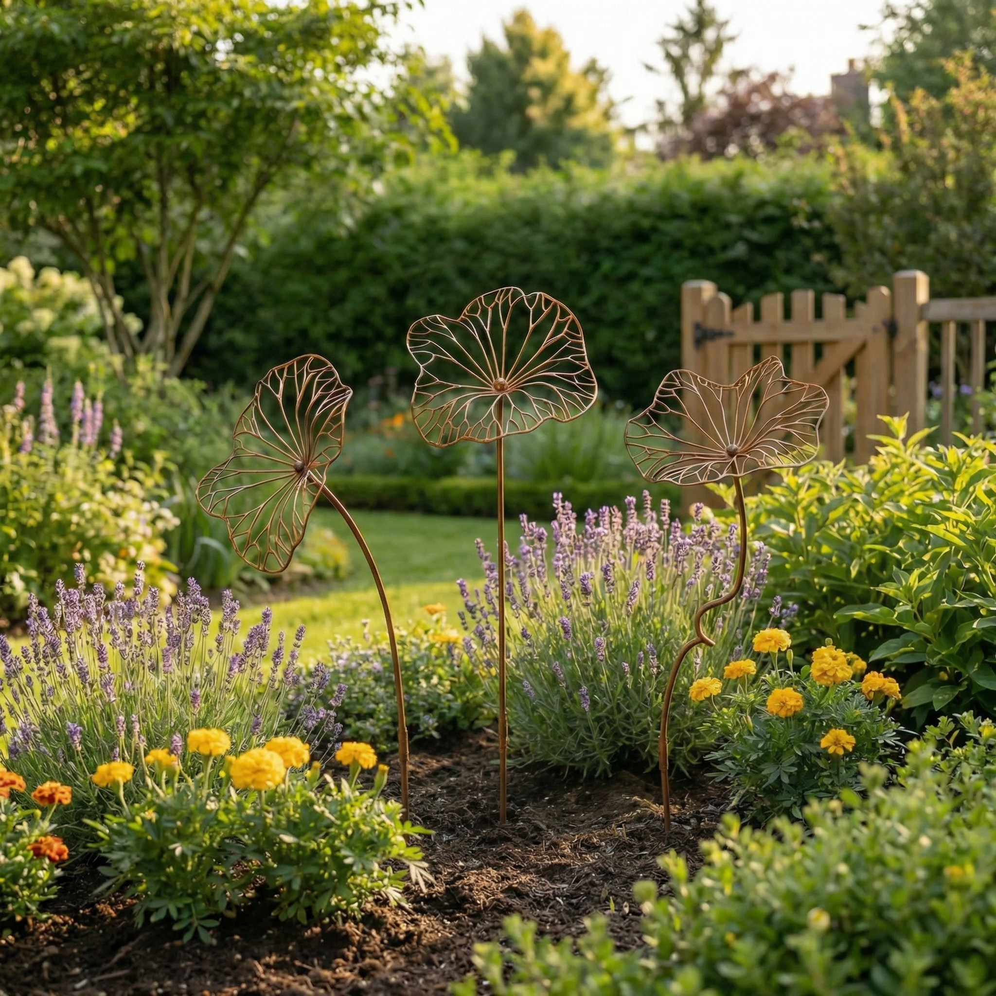 Set of 3 Rustic Iron Lotus Leaf Garden Stakes