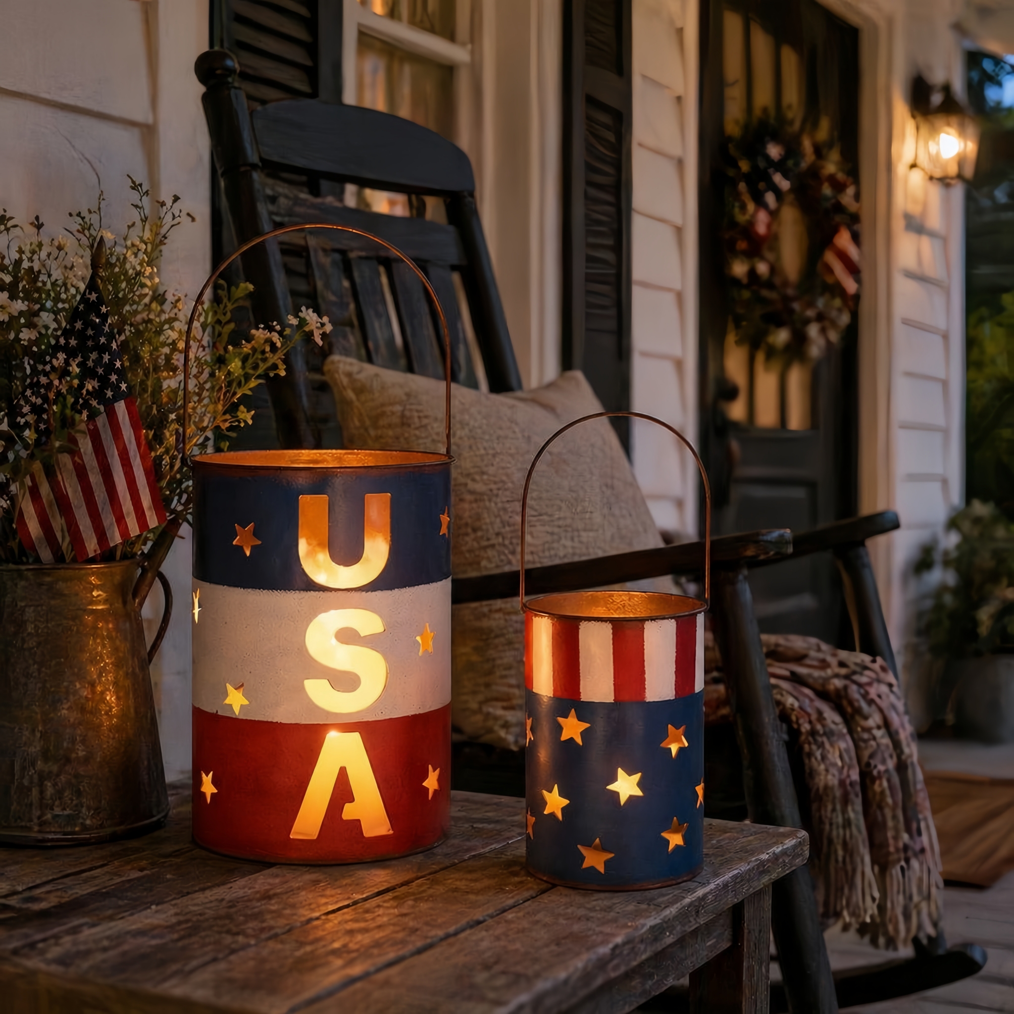 Patriotic Metal Candle Lantern Set