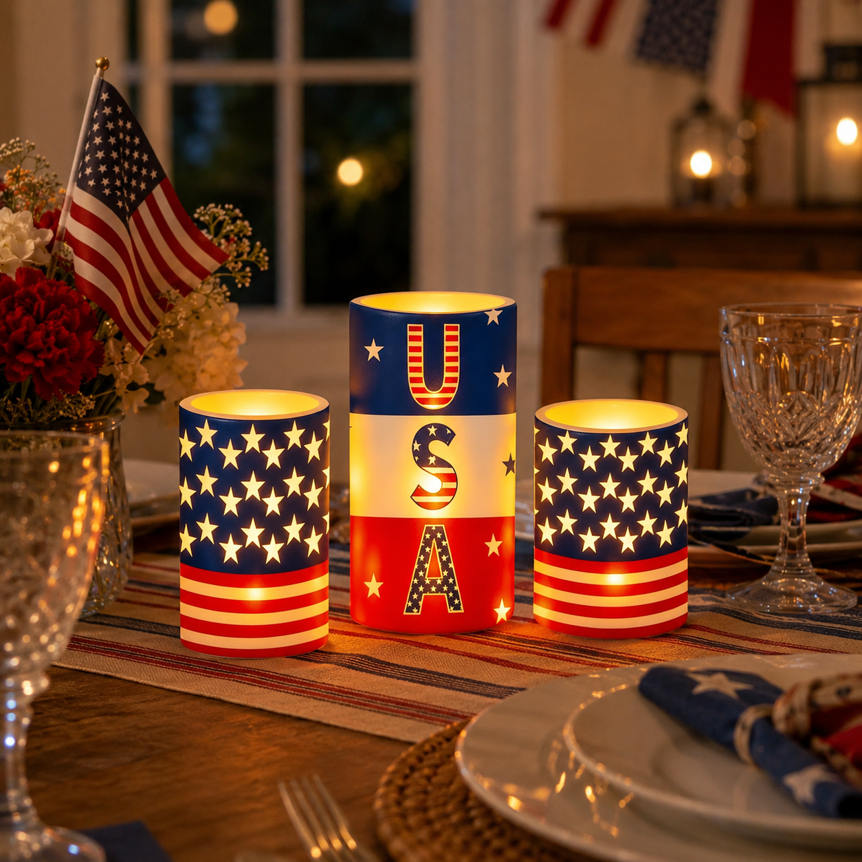 3PCS Patriotic Flameless LED Candle Set with Remote