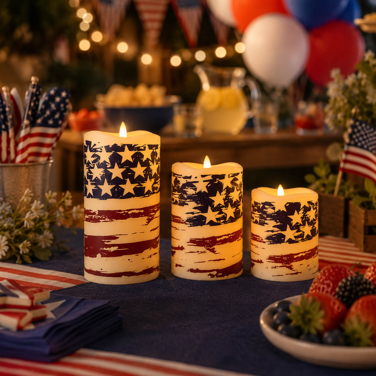 Set of 3 Patriotic LED Pillar Candles with Realistic Flame & Timer