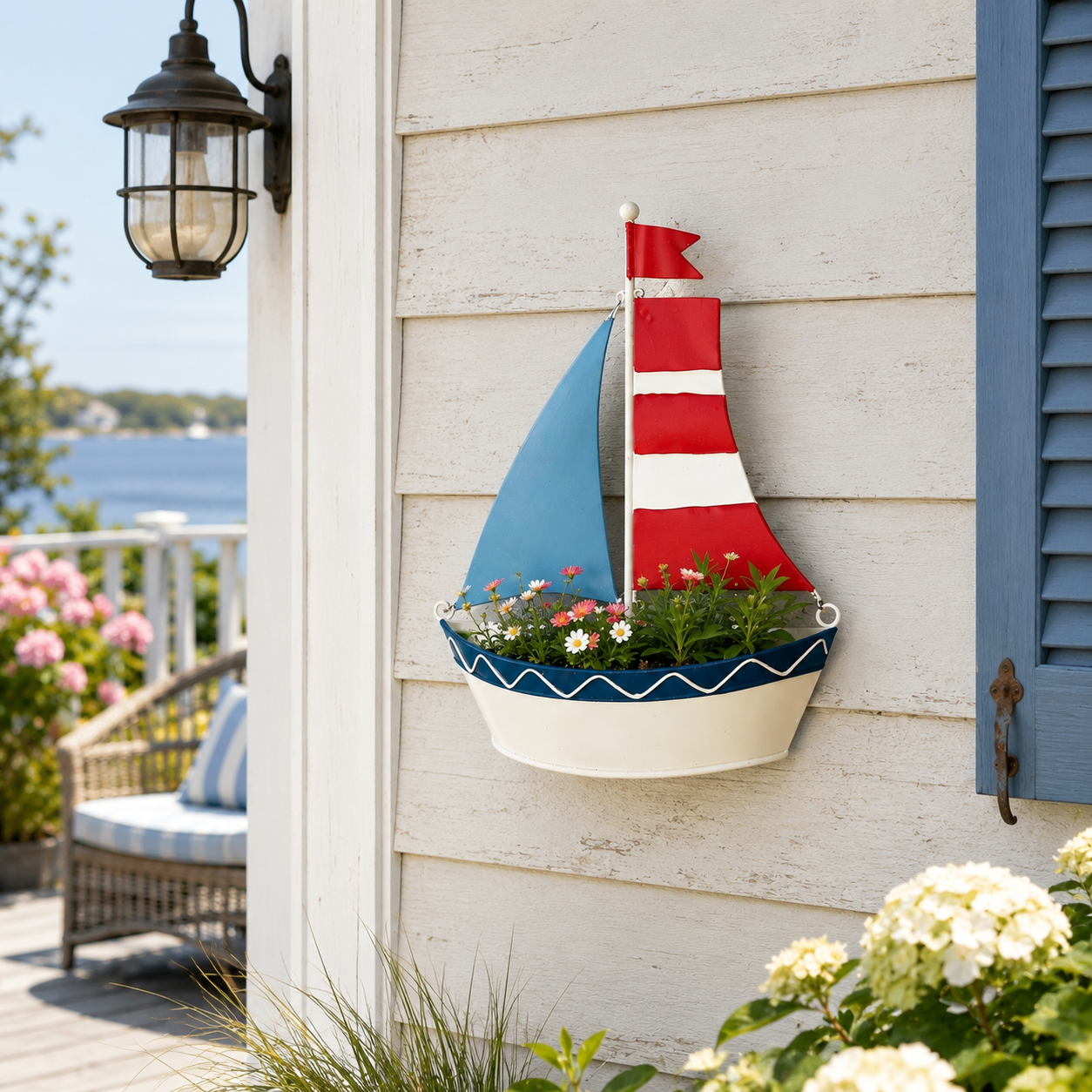Iron Art Painted Sailboat-Shaped Wall Hanging Flower Pot