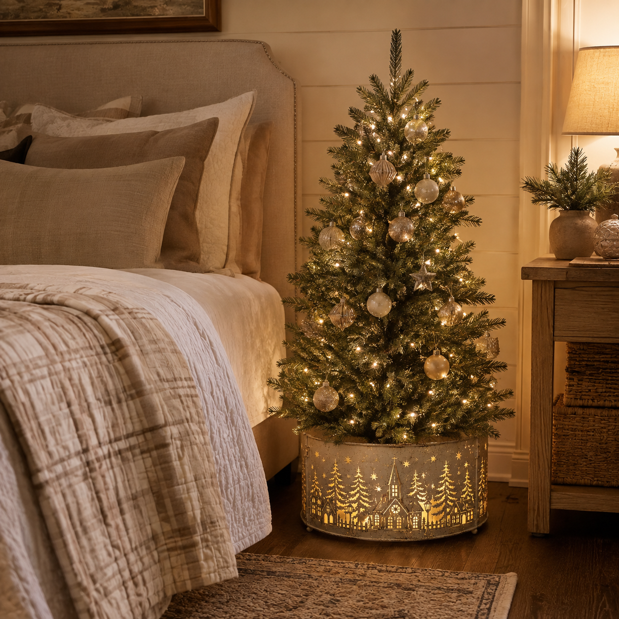 Pre-Lit Metal Christmas Tree Collar with Lighted Village Cutouts