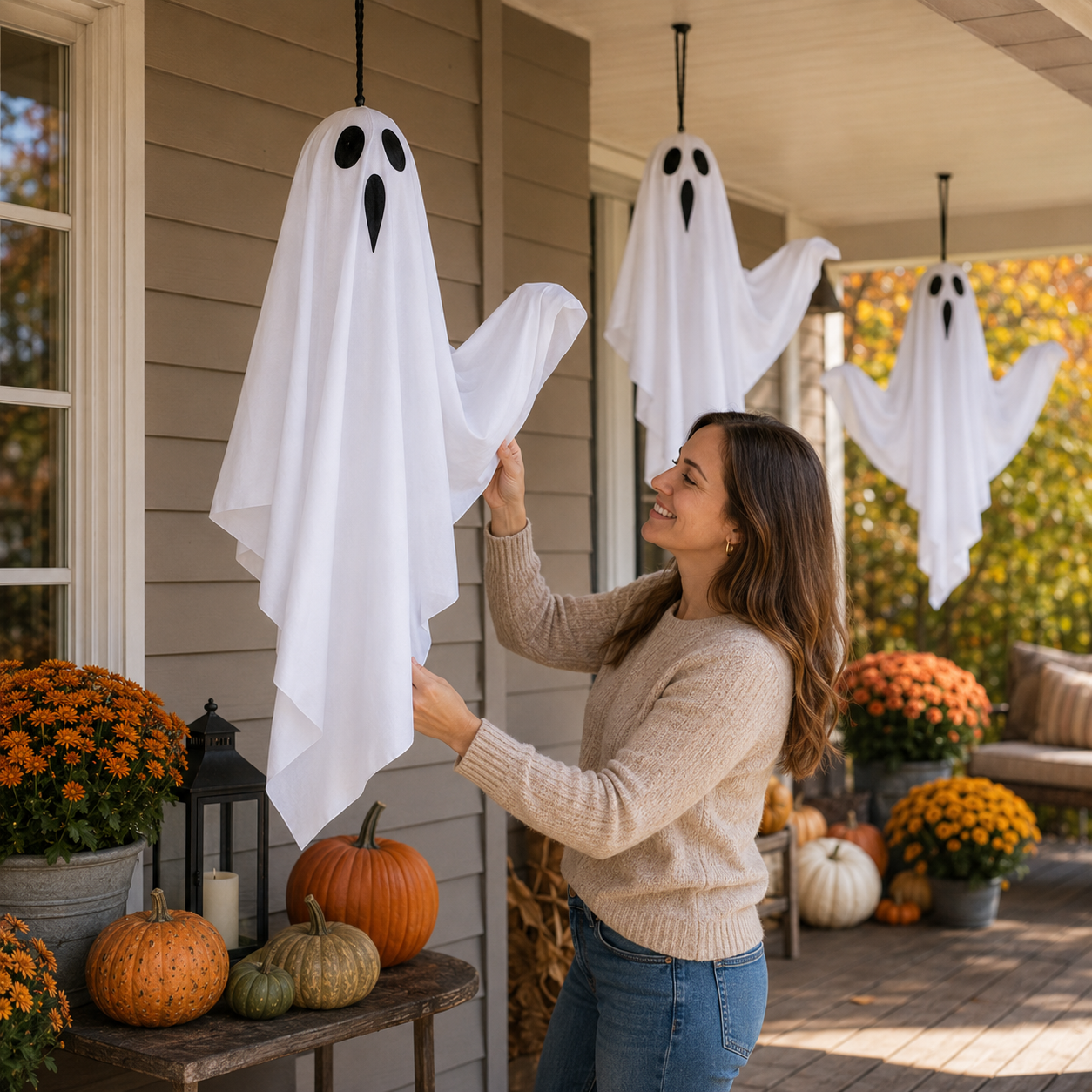 Set of 3 Lighted Hanging Ghost Decorations for Halloween