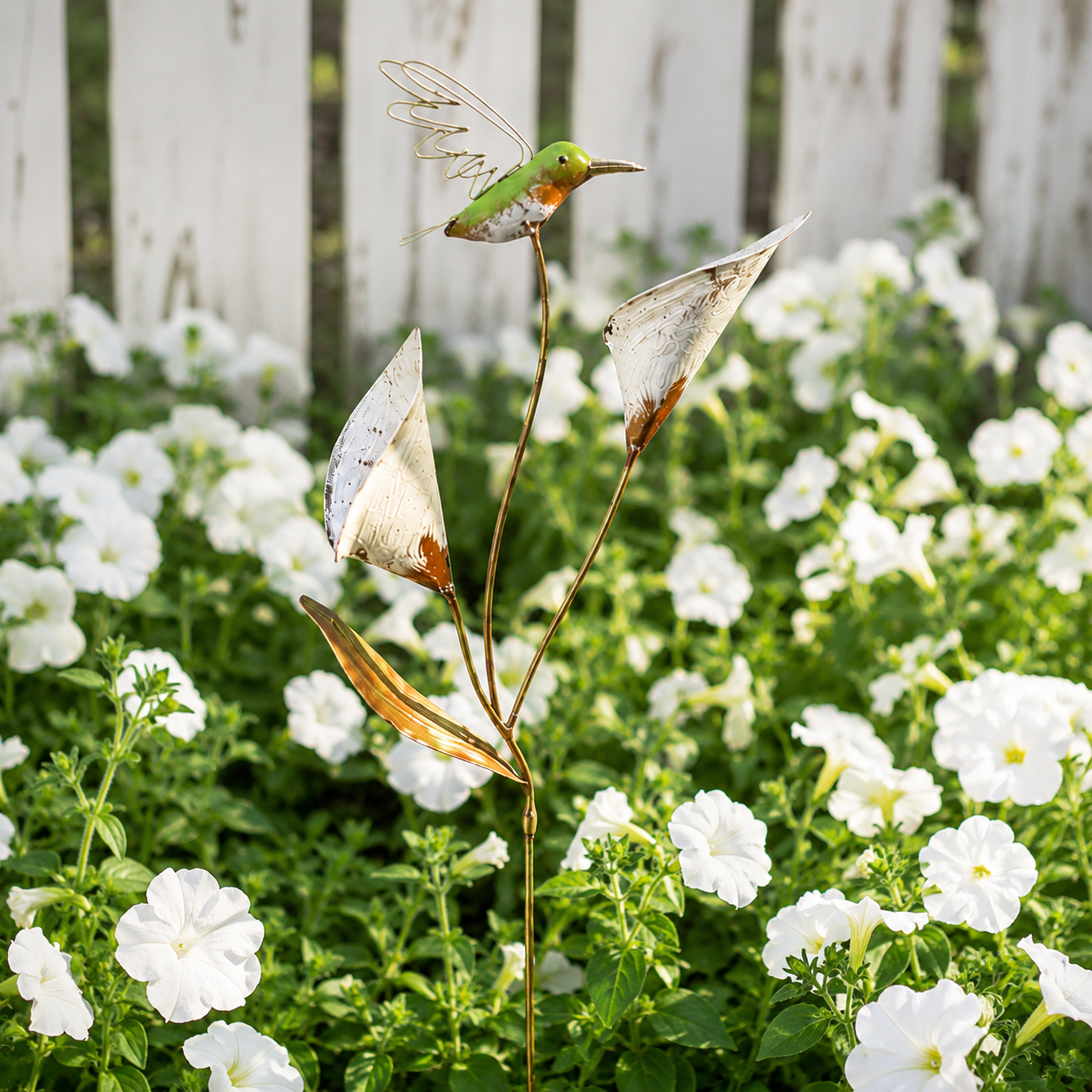 Metal Hummingbird Rustic Garden Stake with Calla Lily Flowers