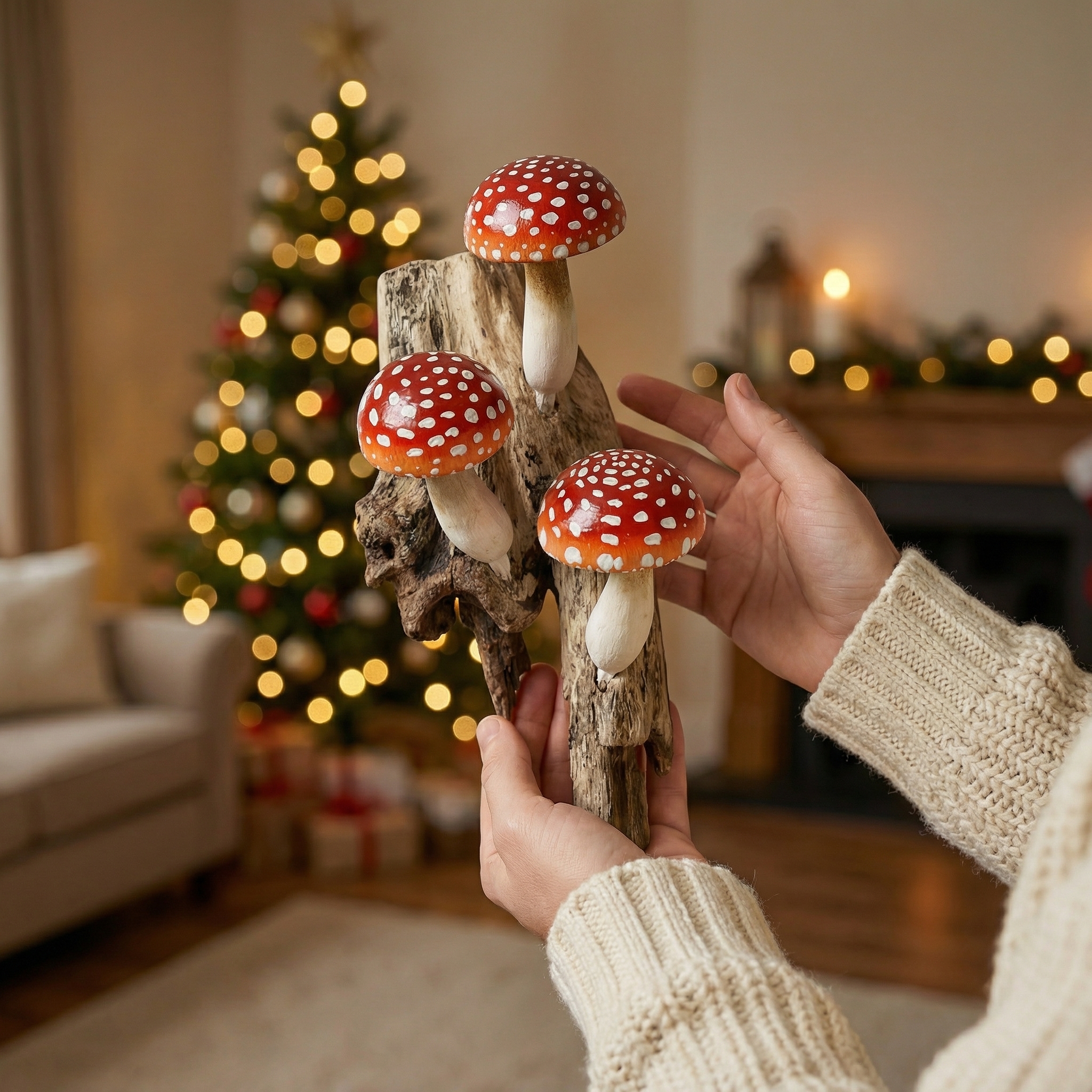 Red Hanging Mushroom Sculpture Wall Art