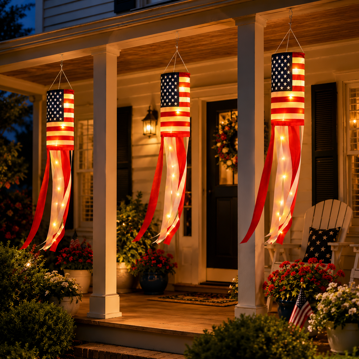 3 Pack 50 Inch Large American Flag Windsocks with Red White Blue Lights