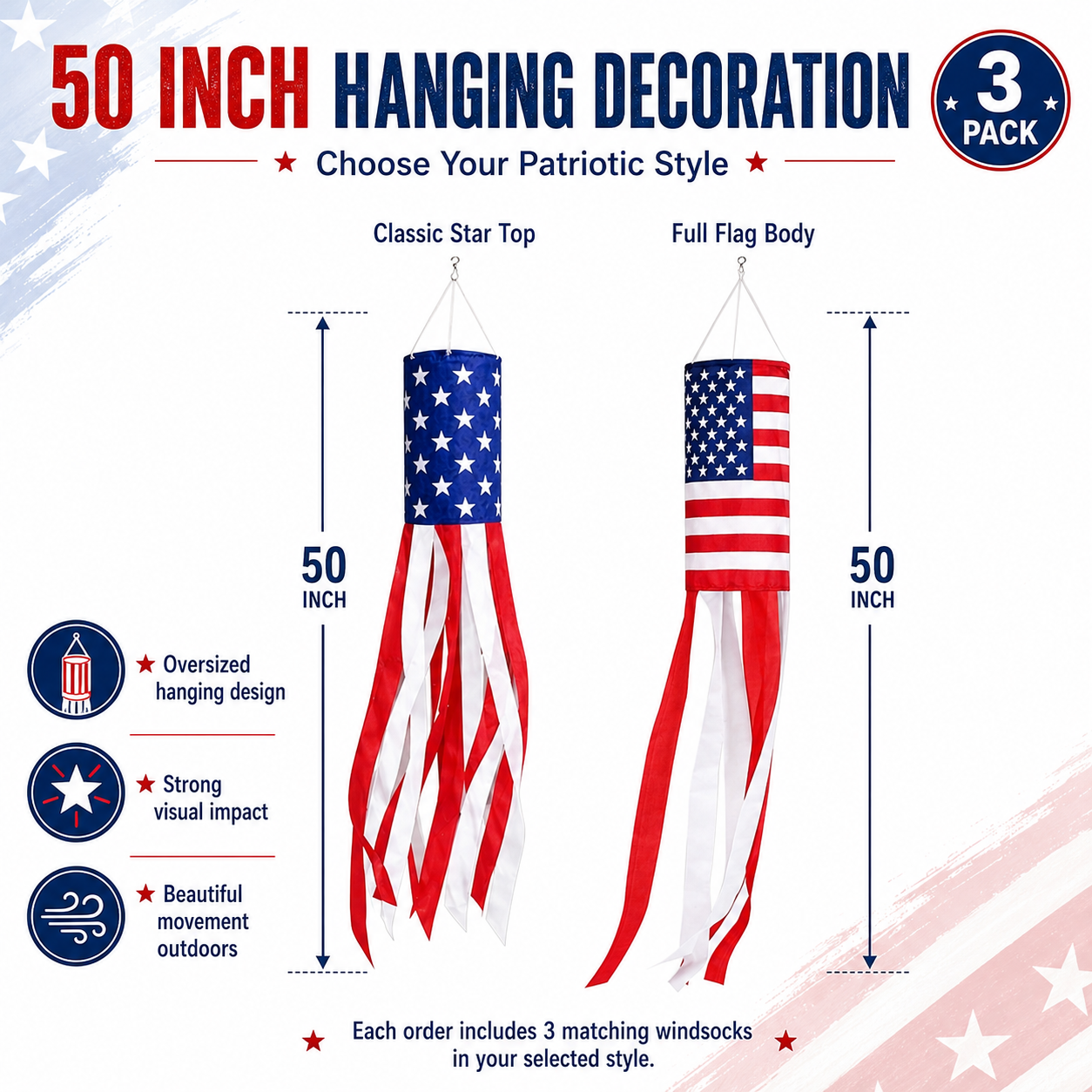 3 Pack 50 Inch Large American Flag Windsocks with Red White Blue Lights
