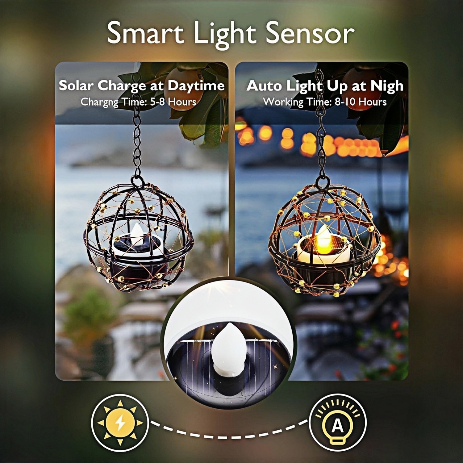 Waterproof Solar Rattan Ball Hanging Lantern with Flickering Tea Light