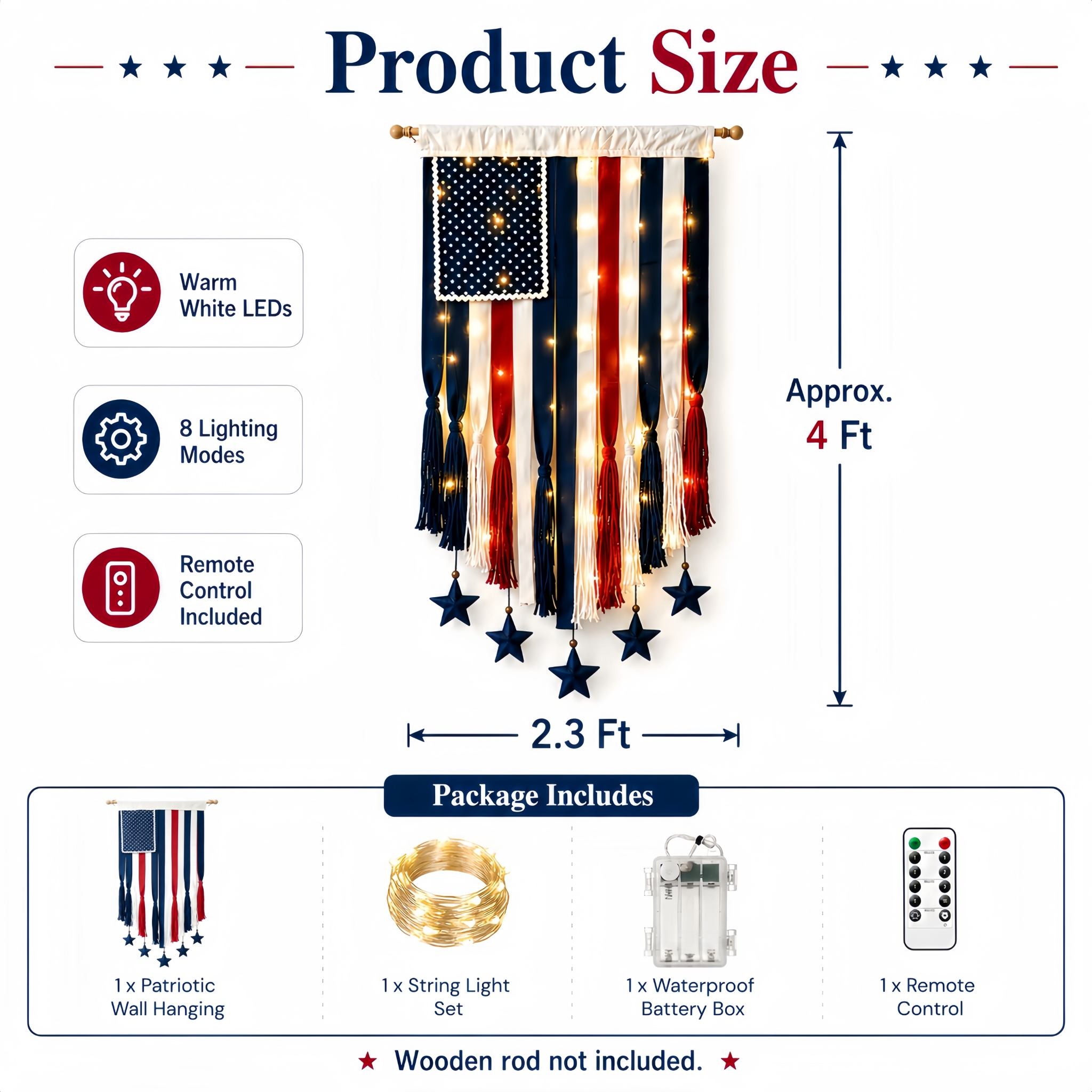 4 x 2.3 Ft Lighted Patriotic American Flag Wall Hanging