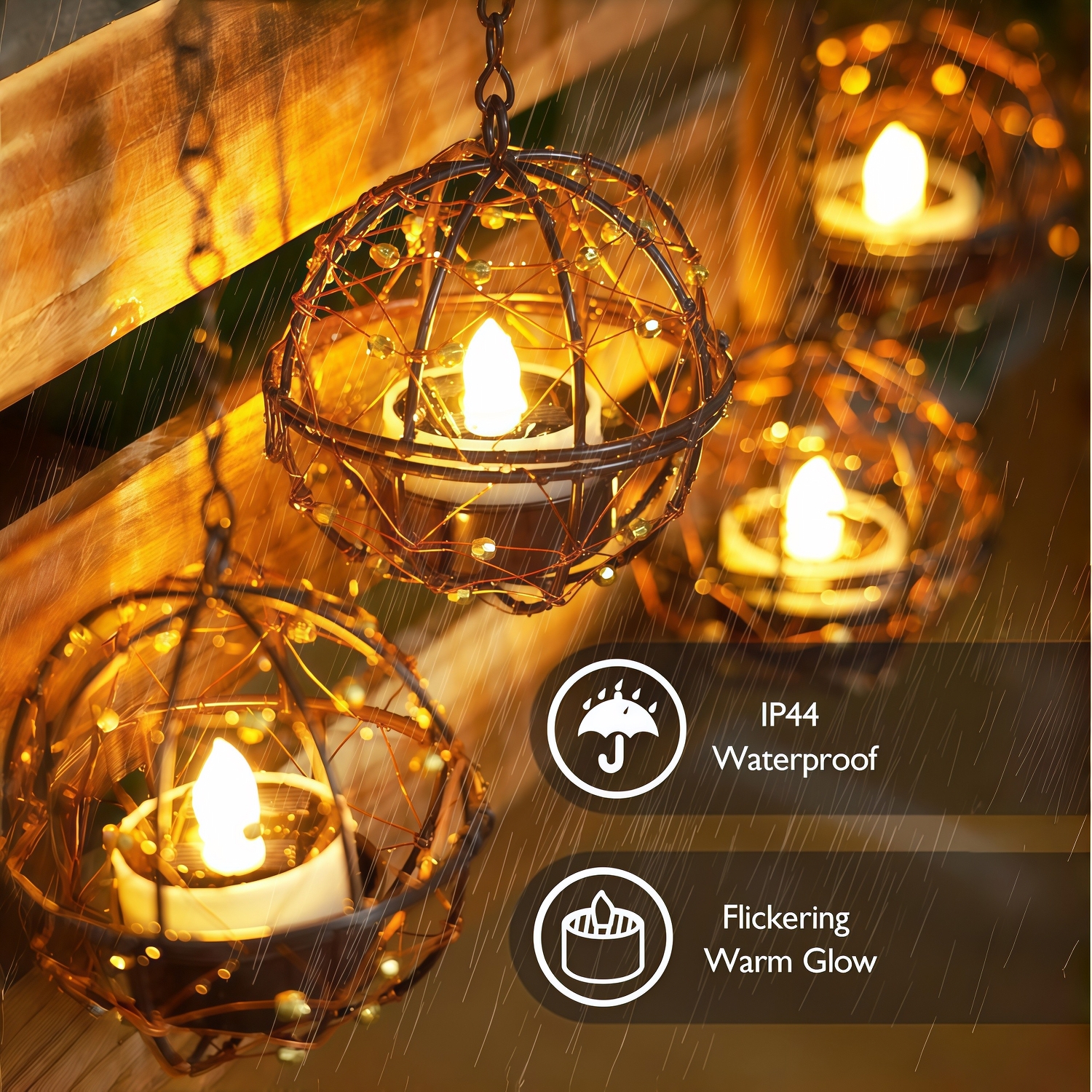 Waterproof Solar Rattan Ball Hanging Lantern with Flickering Tea Light