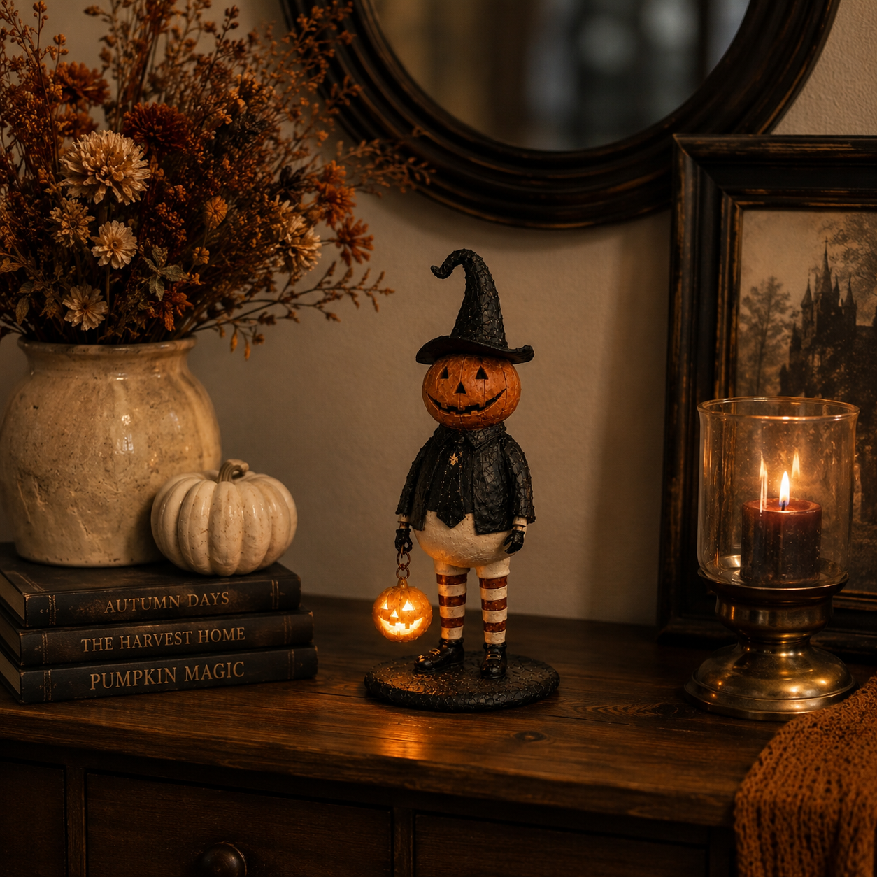 Vintage Lighted Pumpkin Witch Figurine