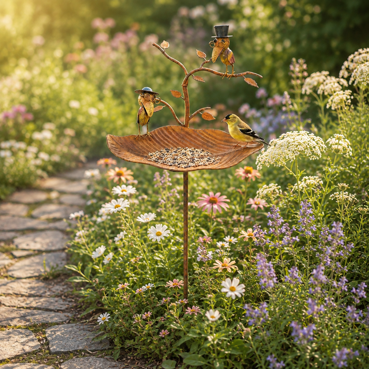 Vintage Metal Leaf Bird Feeder Garden Stake