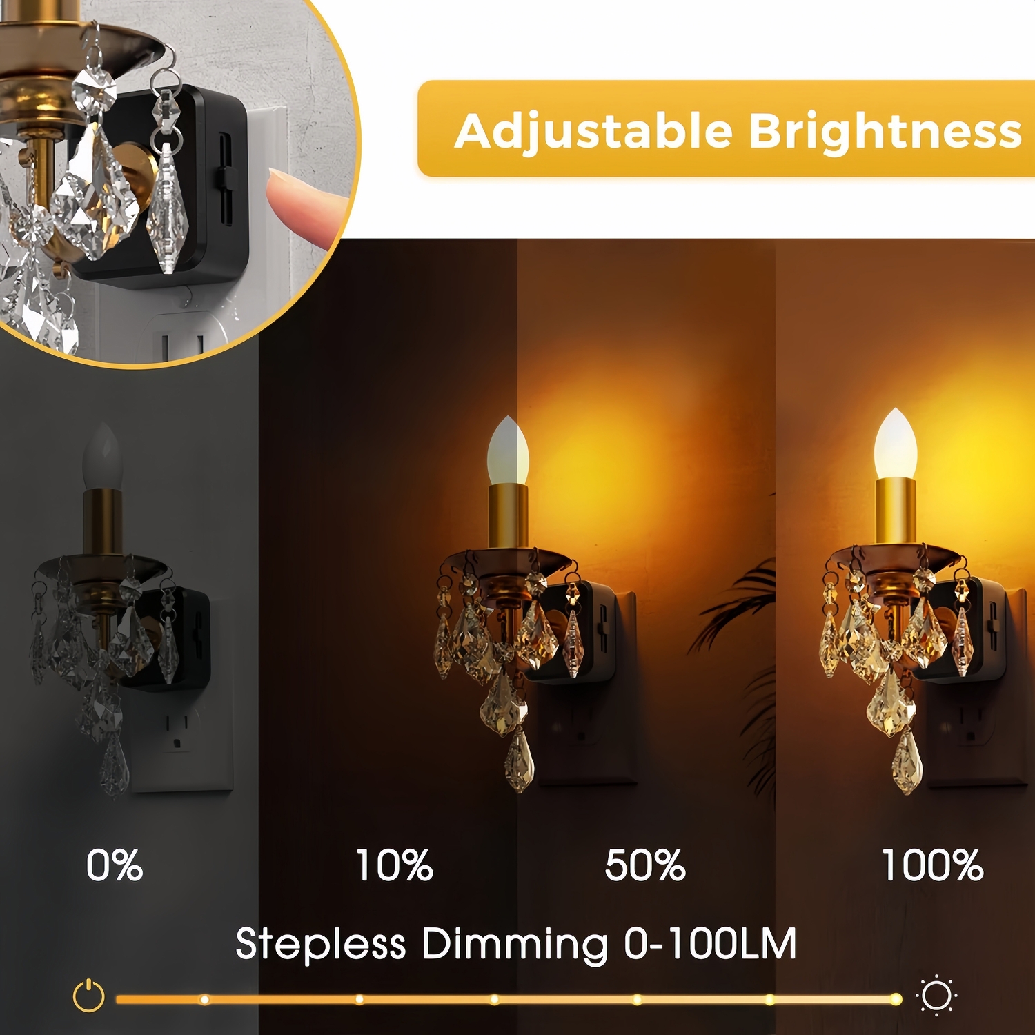 LED Amber Candle Pendant Night Light Plug-In with Crystal Drops, Dimmable 1W Nightlight for Hallway & Bedroom