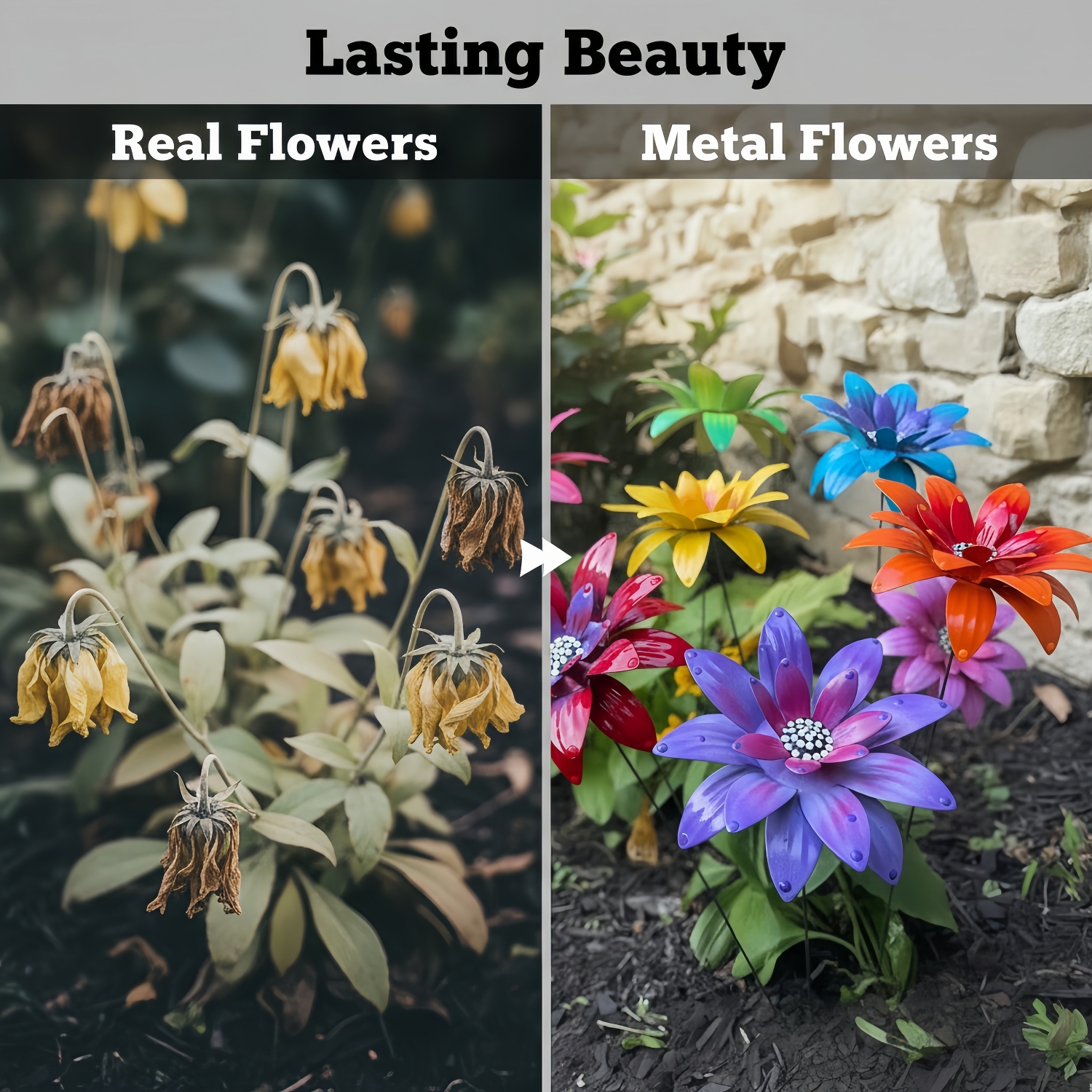 Rustic Metal Colorful Flowers Garden Stakes