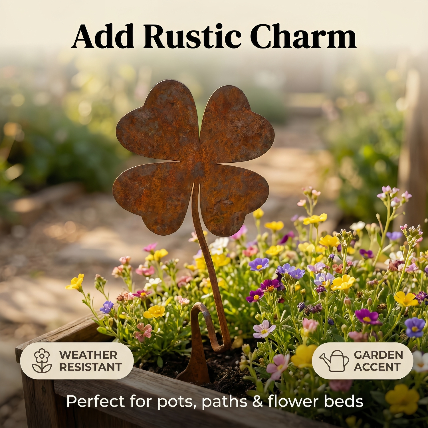 Rustic Four-Leaf Clover Metal Garden Stake