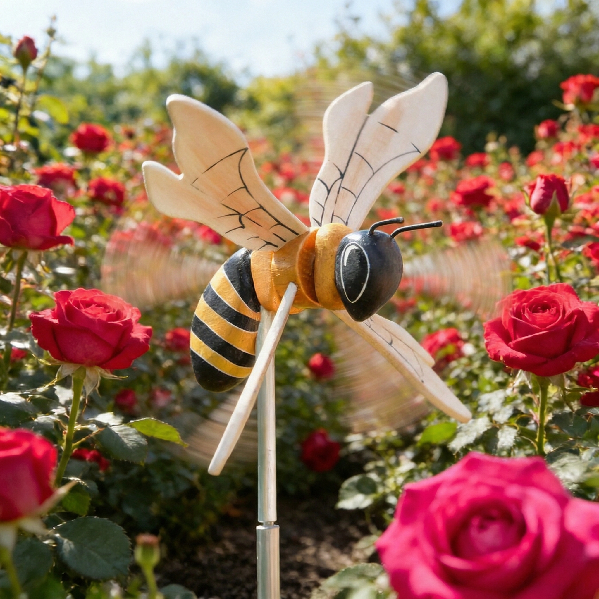 Wooden Bee Wind Spinner Garden Stake – Hand-Painted Outdoor Yard Decor