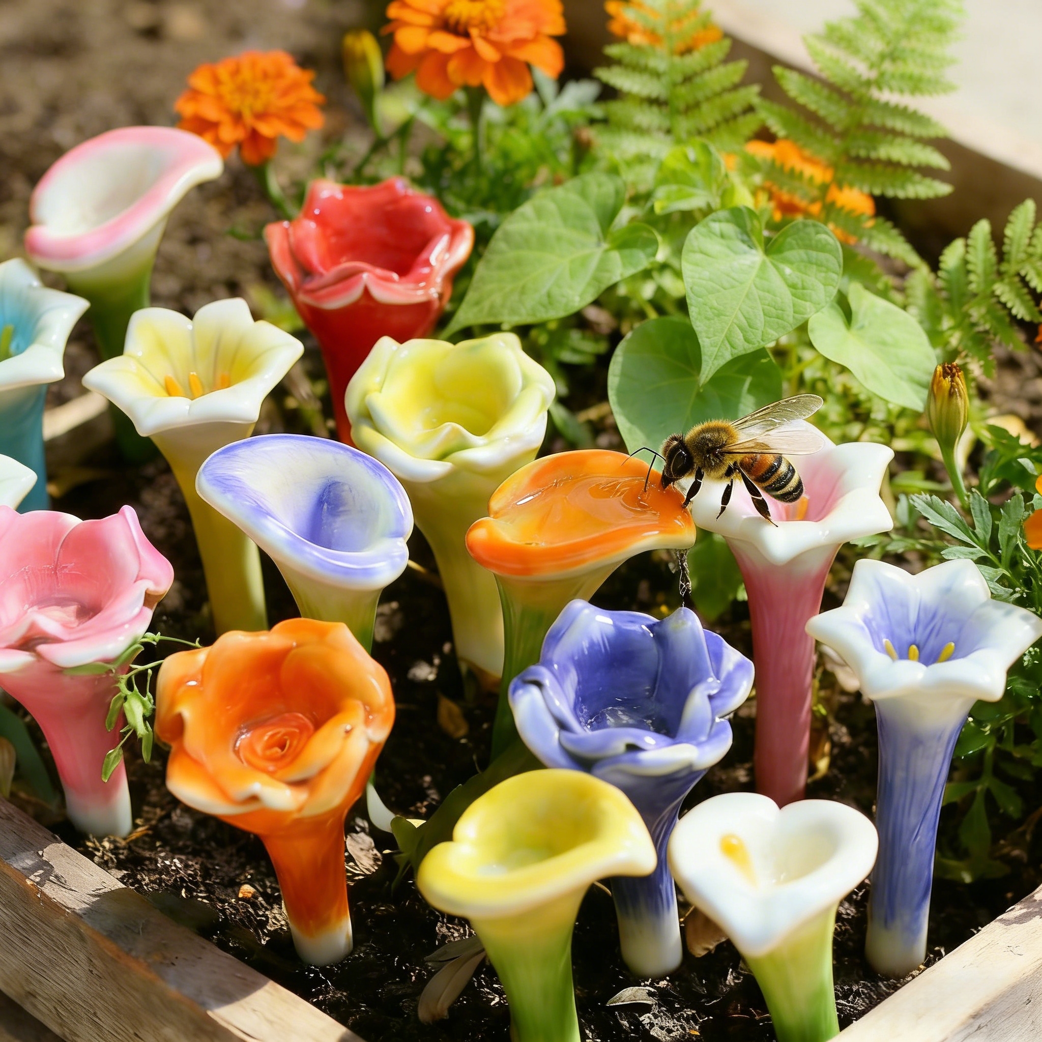 5-Pack Colorful Ceramic Flower Bee Water Cup Stakes