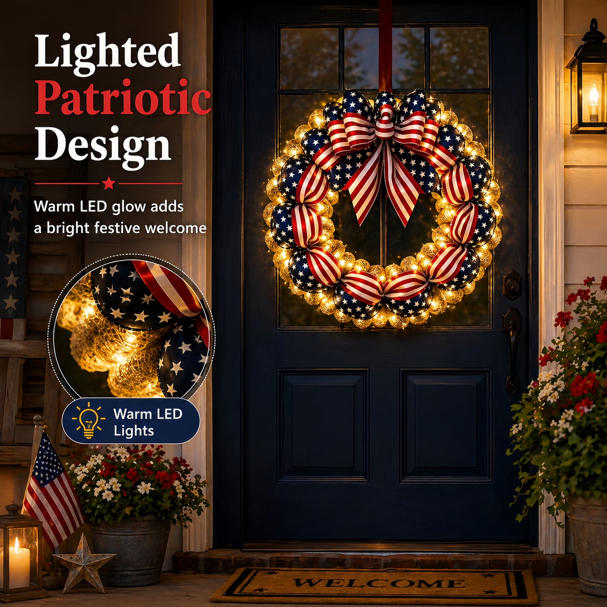Lighted Patriotic American Flag Wreath