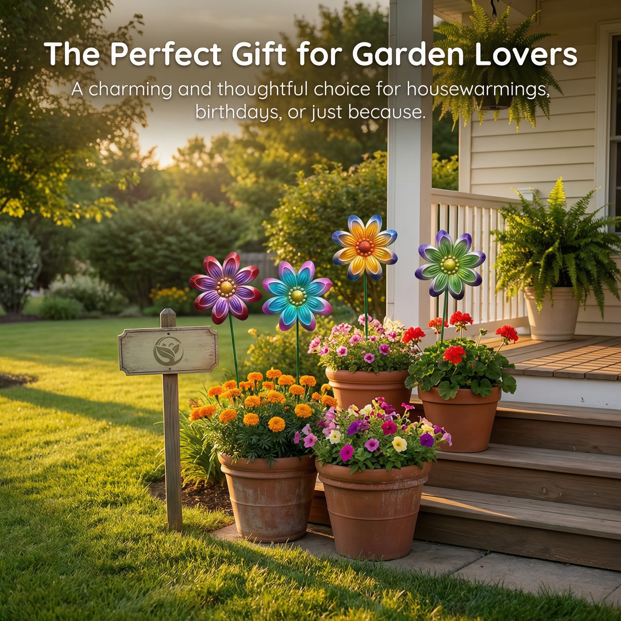 Set of 4 Outdoor Metal Colorful Floral Garden Decor Stakes